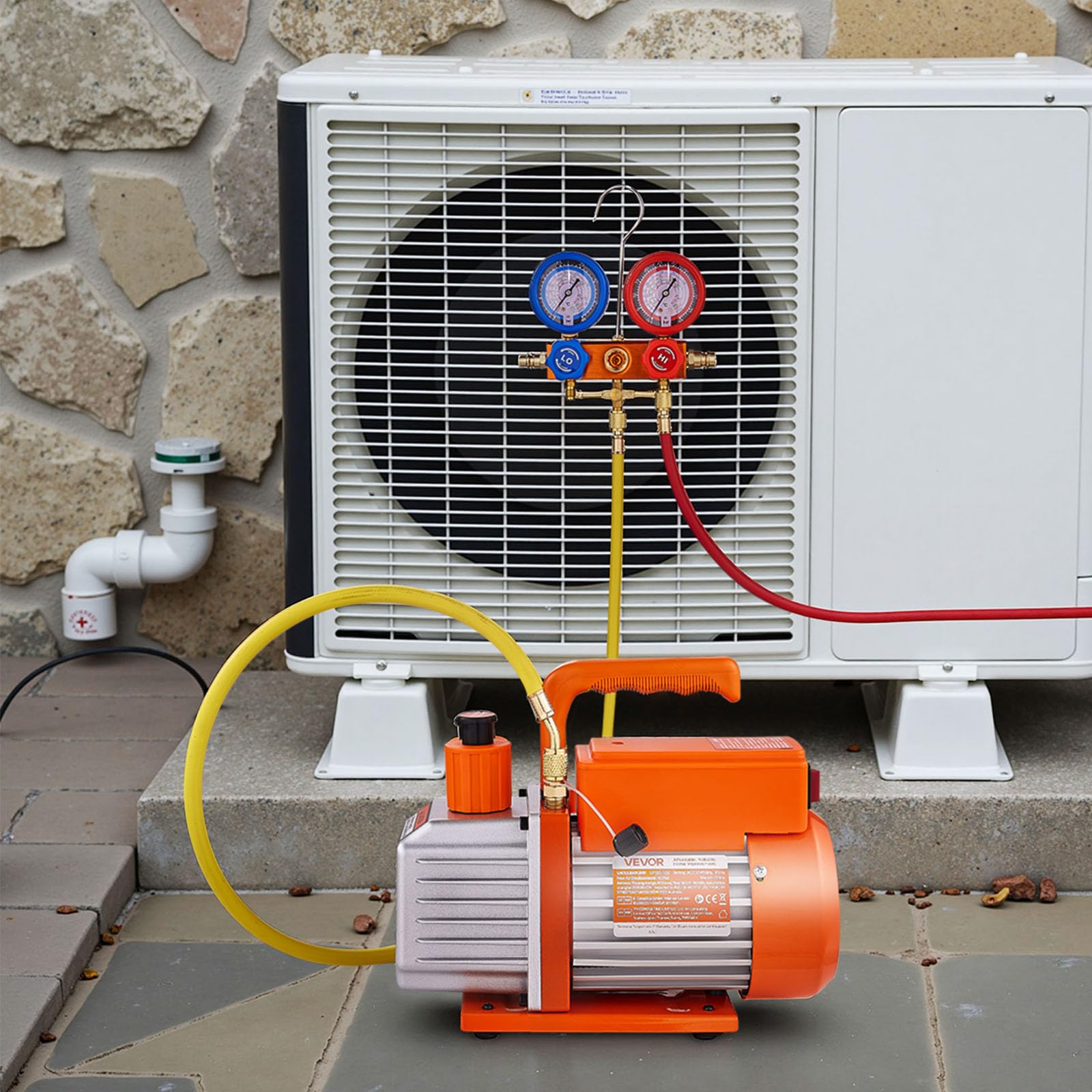 VEVOR Bomba de Vacío 115 L/min Manómetro Aire Acondicionado Una Sola Etapa Paletas Rotativas Detector Fugas Bolsa Transporte Refrigerantes R134a R22 R410a R1234YF