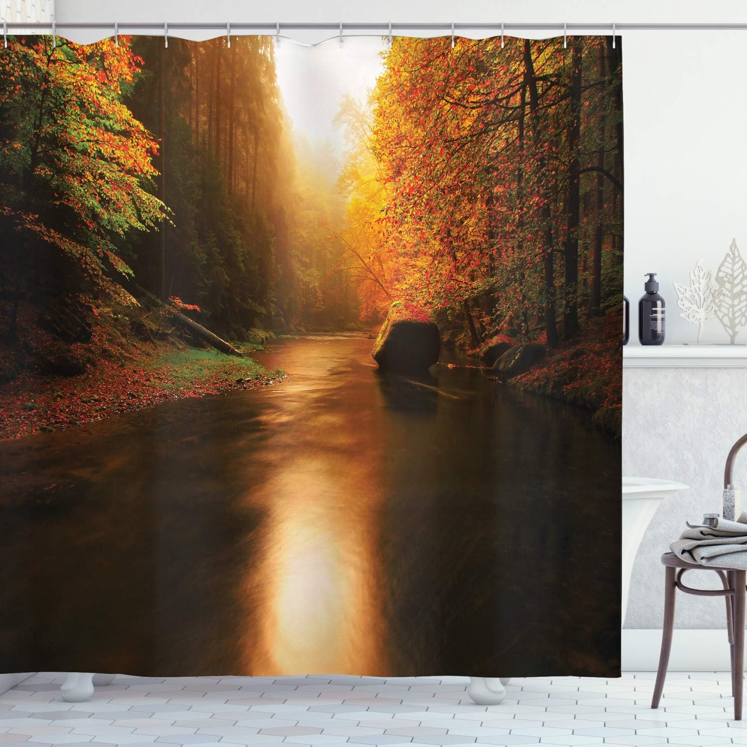 Ambesonne Landscape Shower Curtain, Calm Serene Autumn Forest with Flowing River Sun Rays Pine and Oak Trees Branches, Cloth Fabric Bathroom Decor Set with Hooks, 69" W x 70" L, Dark Brown