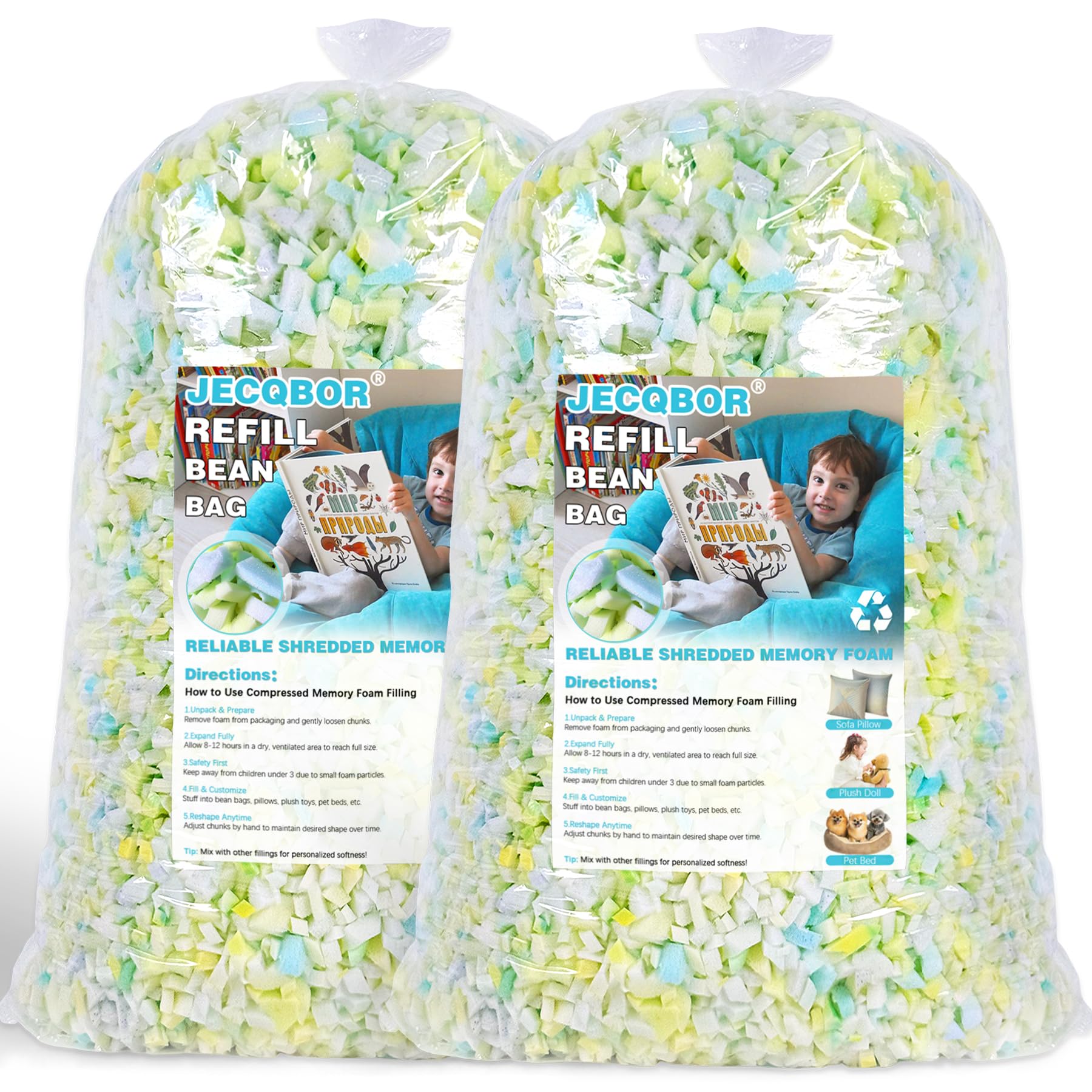 Jecqbor 10lbs Shredded Memory Foam Filling for Bean Bag Chair, Premium Beanbag Stuffing High Density Memory Foam Refill