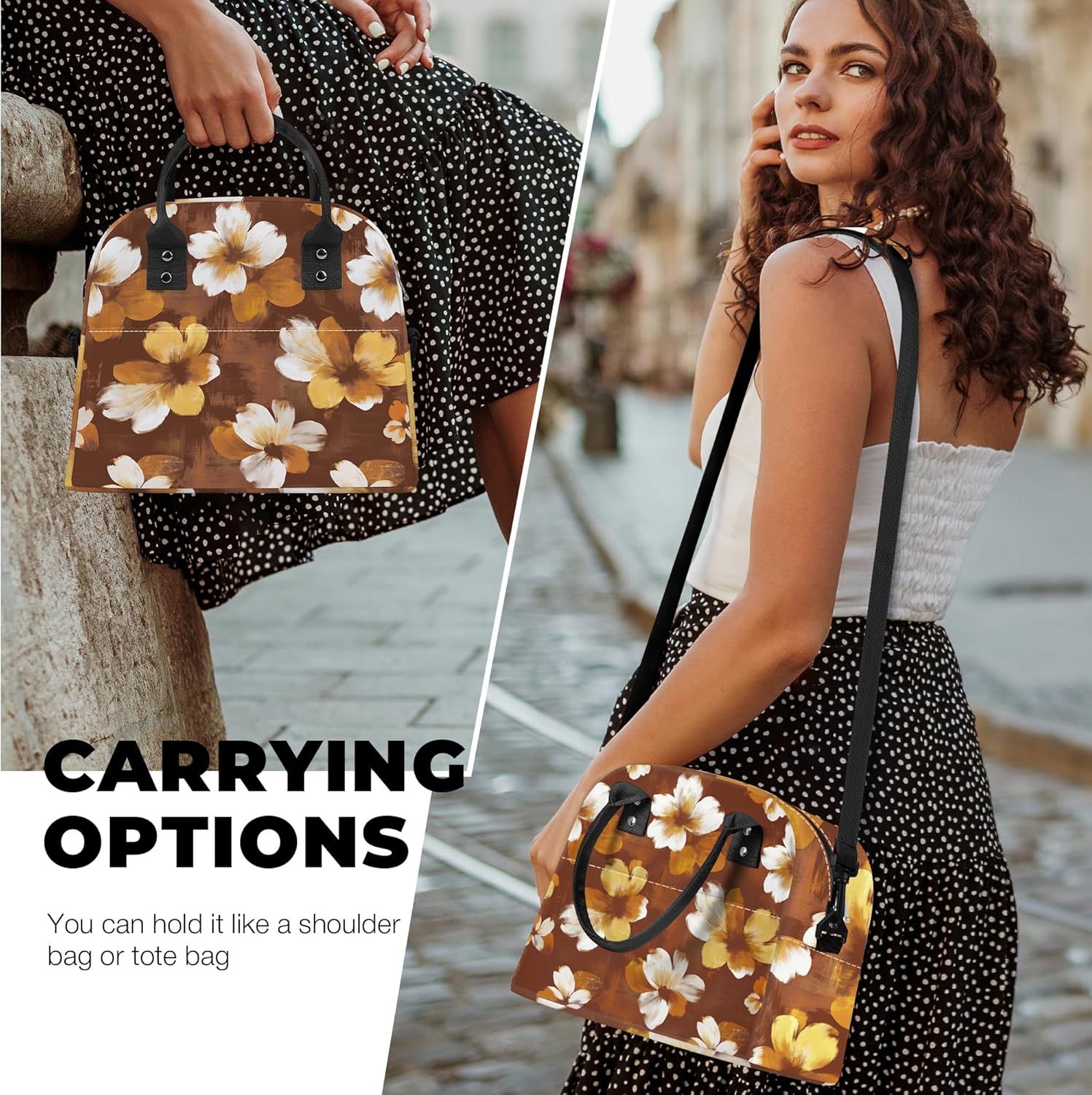 Clastyle Plant Women Lunch Box Bag Leaves Large Camping Adult Lunch Tote Insulated Cooler Bag for Office Work Picnic,Brown Flower - Image 2