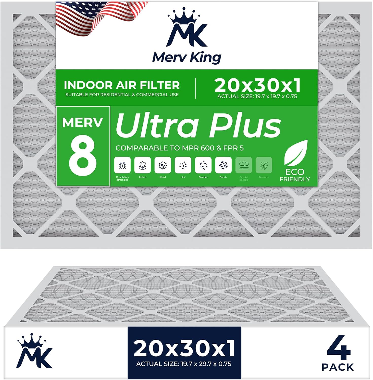 MervKing 20x30x1 Air Filter Actual Size: 19.7" x 29.7" x 0.75" MERV 8 MPR 600-700 | MADE IN USA | 4-Pack | Pleated HVAC AC Furnace Replacement