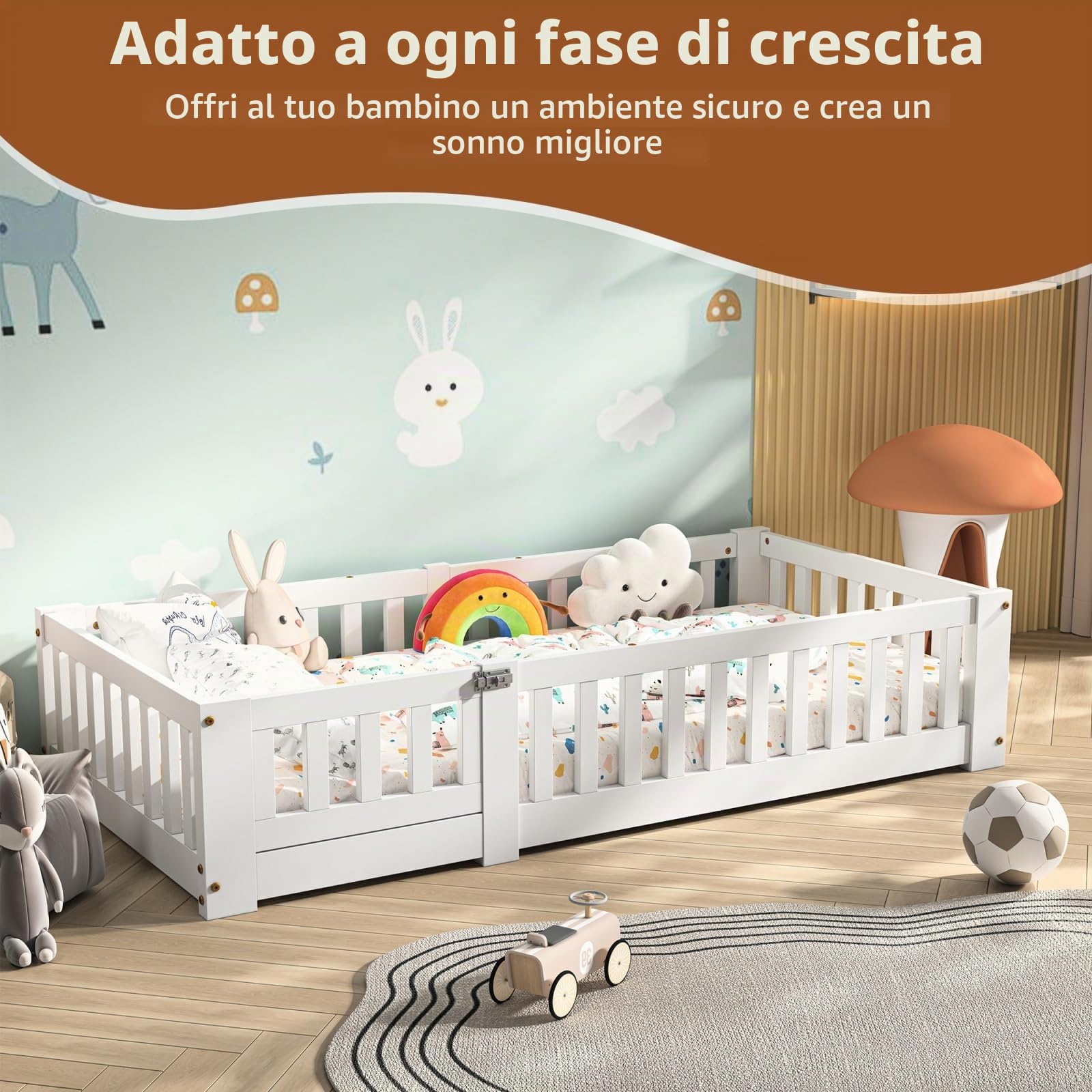 Letto a pavimento, 90 x 200 cm, letto a terra di ispirazione Montessori, letti in legno con barriera di sicurezza e rete a doghe, letti singoli per ragazzi