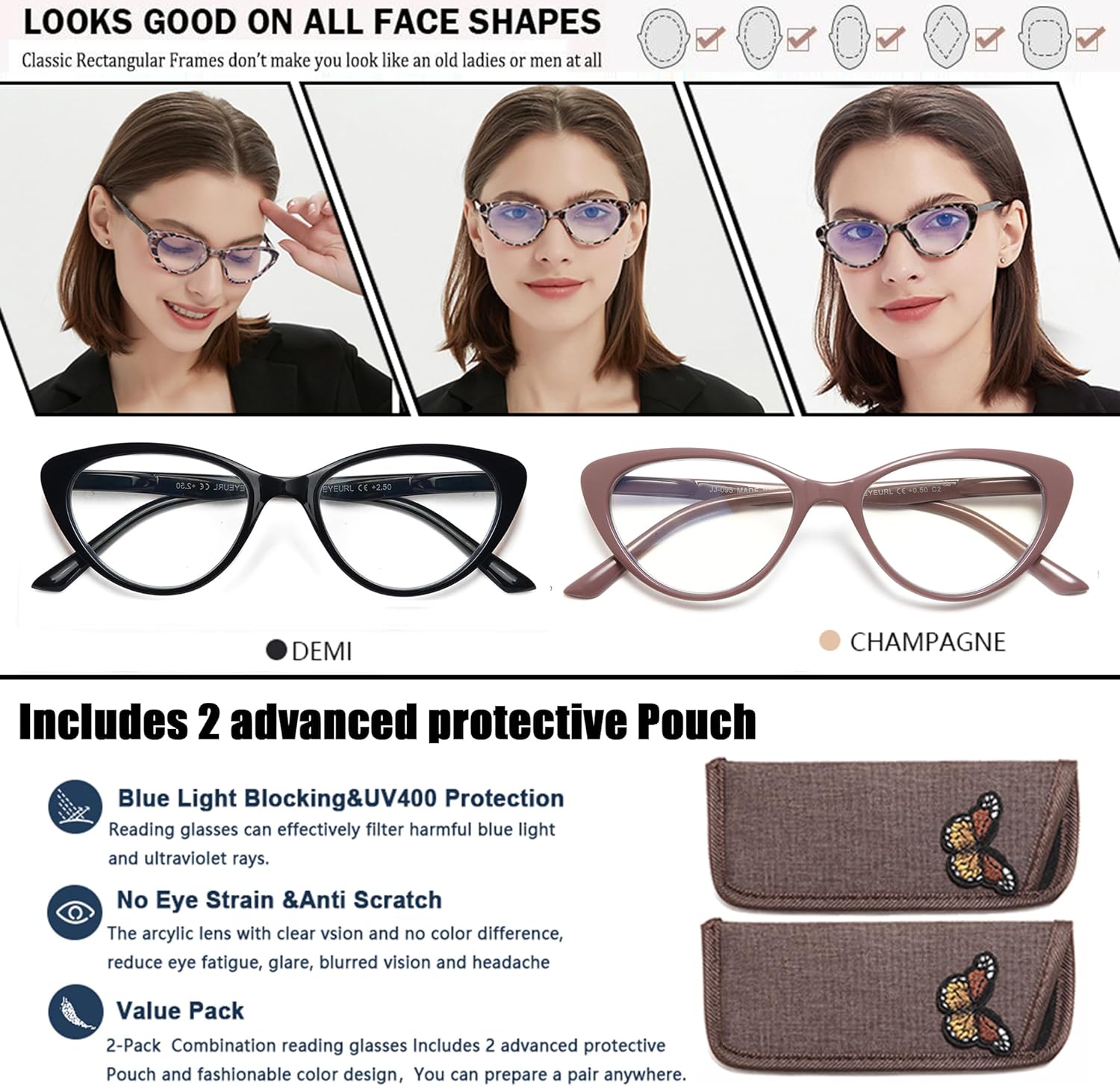 EYEURL Cat Eye Reading Glasses for Women - 2 Pack Blue Light Blocking Computer Readers 0.00 Spring Hinge Anti Glare/UV Ray Eyeglasses - Image 7