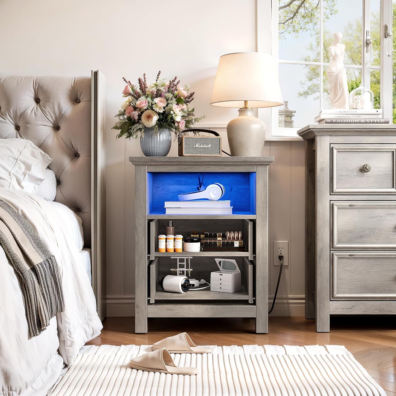 LGHM Nightstand with Charger Station Strip Lights,20" W Night Stand with Drawers for Bedroom, Large Accent Bed Side Table and End Table with Open Compartment-Easy Pull Handle, Textured Border,Gray