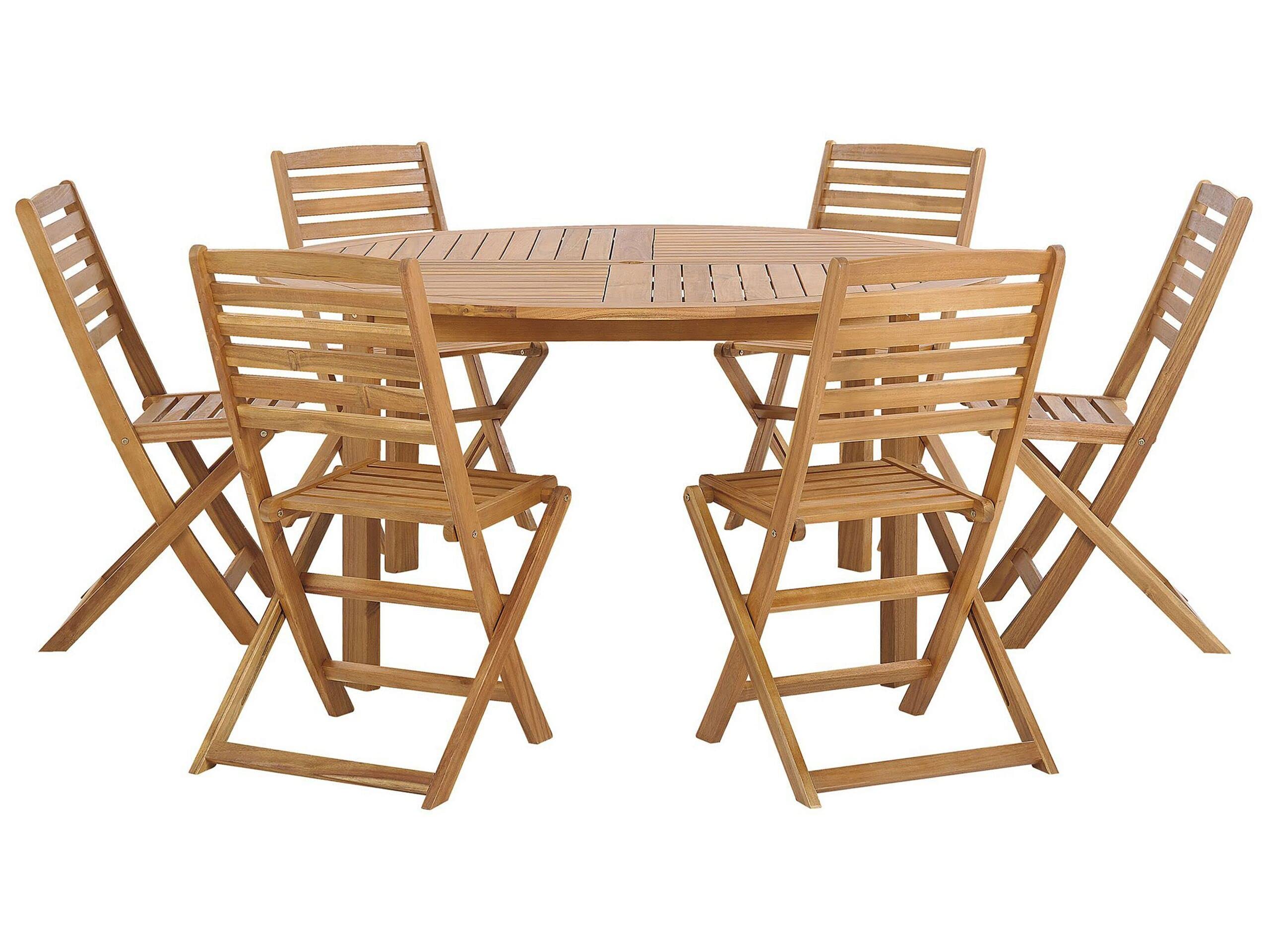 Beliani Gartenmöbel Set hellbraunes Akazienholz Tisch rund 150 cm mit 6 Stühlen Tolve