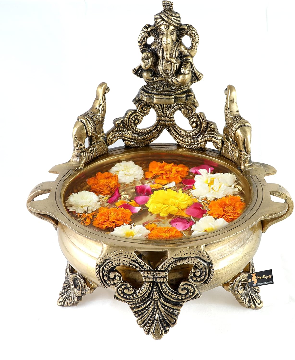 Two Moustaches Aashirwada Mudra Ganesha Design 7.5 Inches Brass Urli Bowl for Home Decor, Flower Decoration, Antique White, Standard, Pack of 1