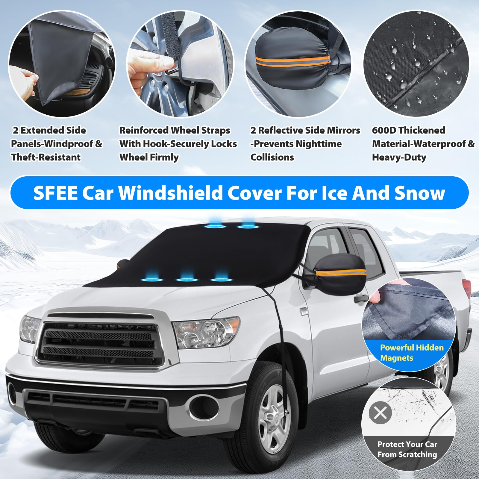 Sfee Windshield Cover for Ice and Snow Heavy-Duty 600D Waterproof Windshield Snow Cover With 2 Mirror Covers All-Weather — view 5