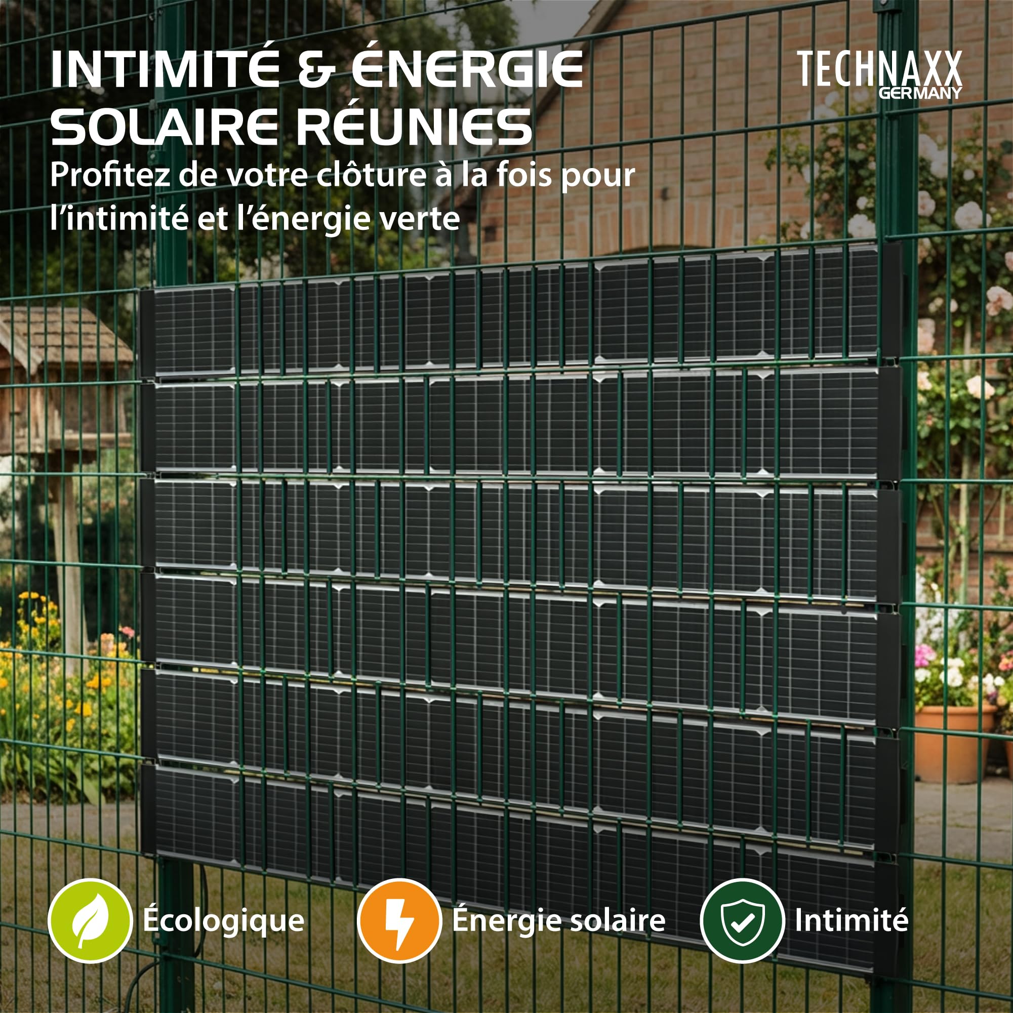 Technaxx TX-356 Clôture solaire bifaciale 480W – Kit complet avec 6x 80W modules solaires PERC monocristallins, onduleur 800W & câble Schuko – Intimité & énergie solaire – Rendement 17,5%