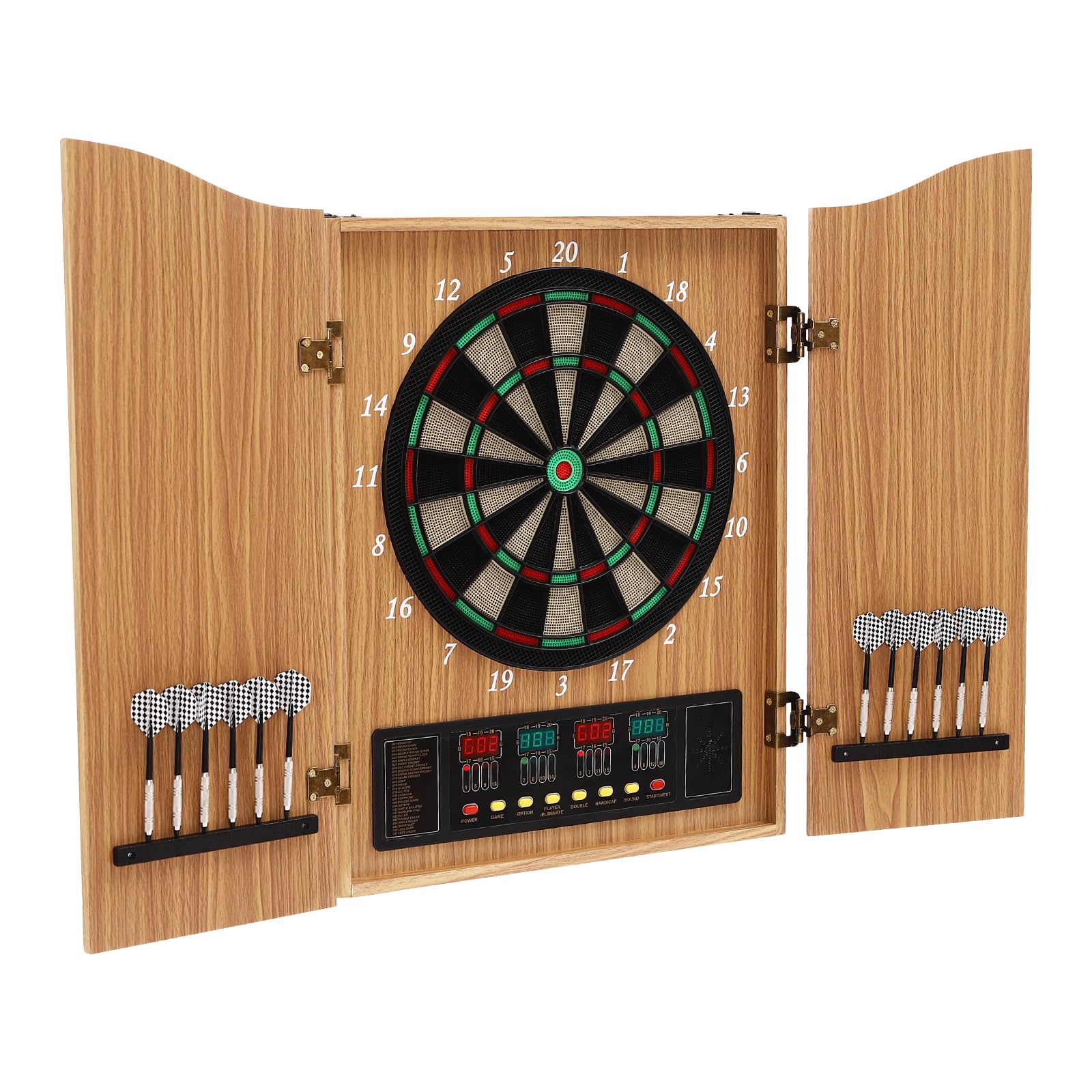 Dartboard Cabinet Set, Electronic Dart Board Machine with LED Display, Scoreboard Dart Machine Cabinet, 27 Games, 16 Players, Wall-Mounted Dartboard for Parties, Family, Offices (Yellow)