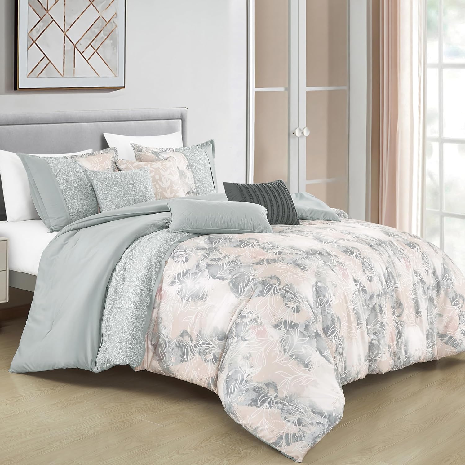 ESCA Brown and Beige Comforter Set King 7 Piece - Boho Medallion Embroidery Bedding Set with Decorative Pillows,