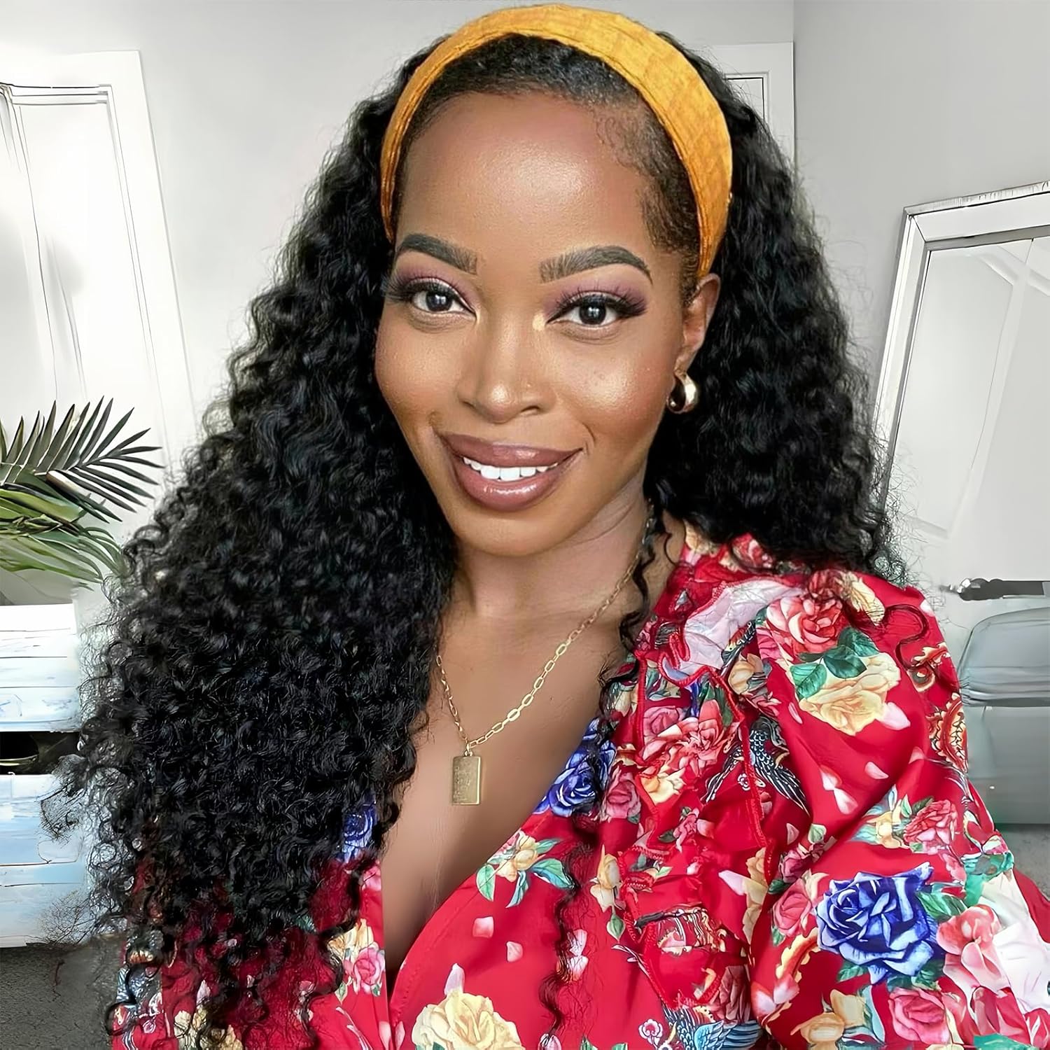 Curly Headband Wig Human Hair 18 inch Machine Made Wigs Glueless Deep Wave Headband Wigs for Black Women Human Hair 150% Density Natural Color