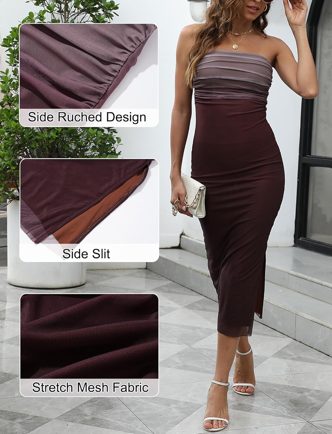 FEOYA Women's Summer Strapless Maxi Dress Wedding Guest Cocktail Mesh Tube Dresses Side Slit Ruched Vacation Outfits - Image 5