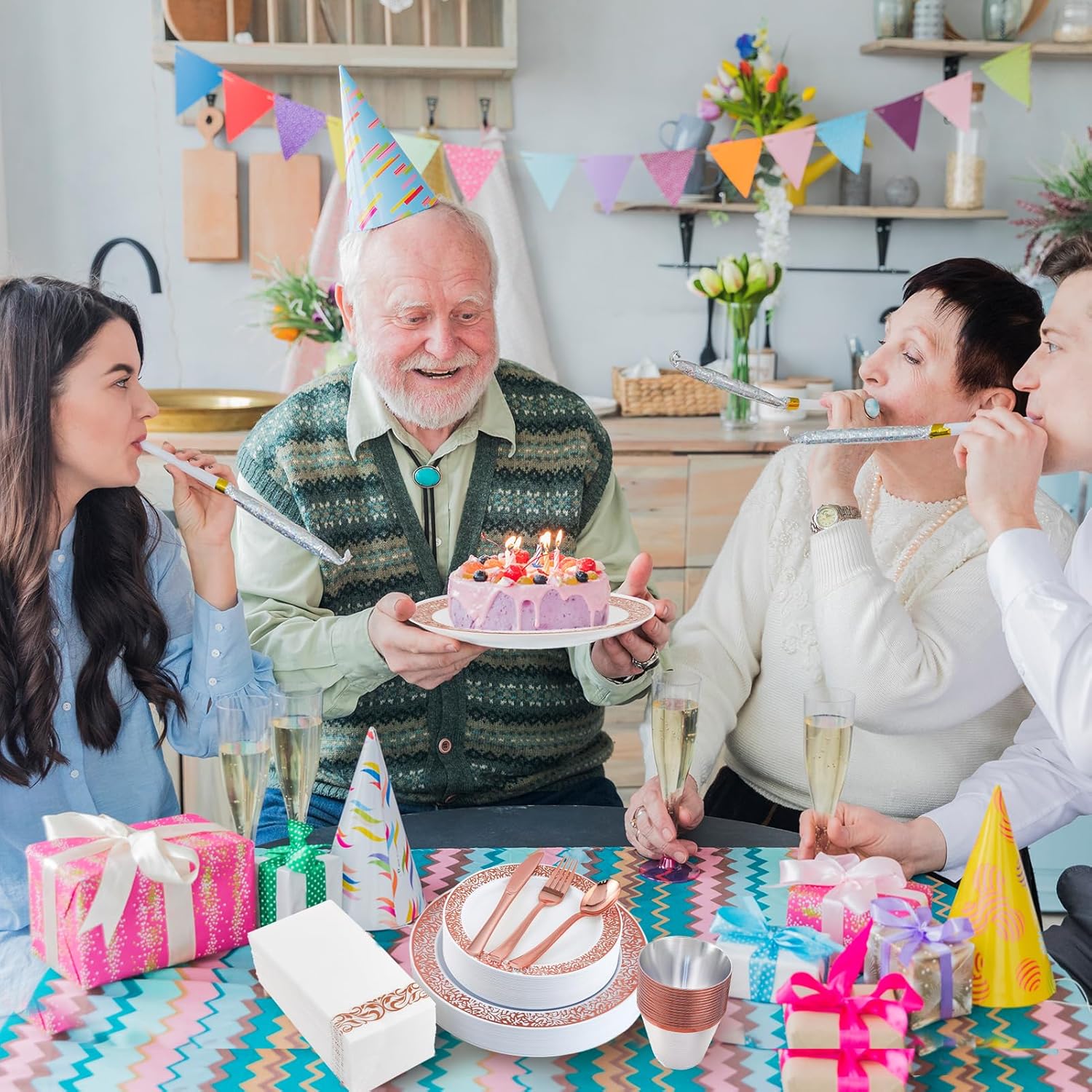 210 Platos Desechables de Plástico Dorado Rosa 30 Platos de Cena y