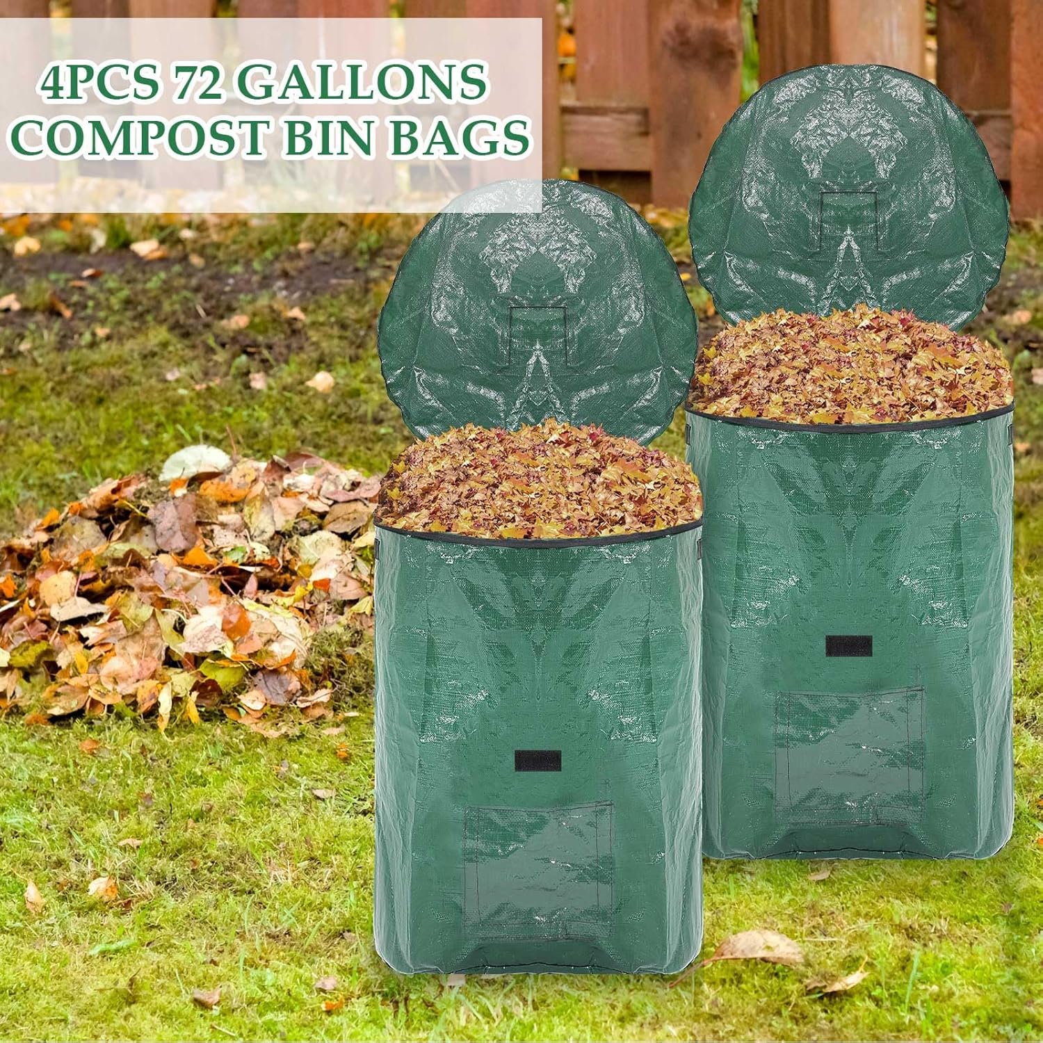 Berlune 4 Pack 132 Gallons Reusable Yard Waste Bag Garden Lawn Leaf Collector Bag Large Heavy Duty Collapsible Compost Bin with Lid and Handles for Outdoor Debris Leaves Grass Clippings