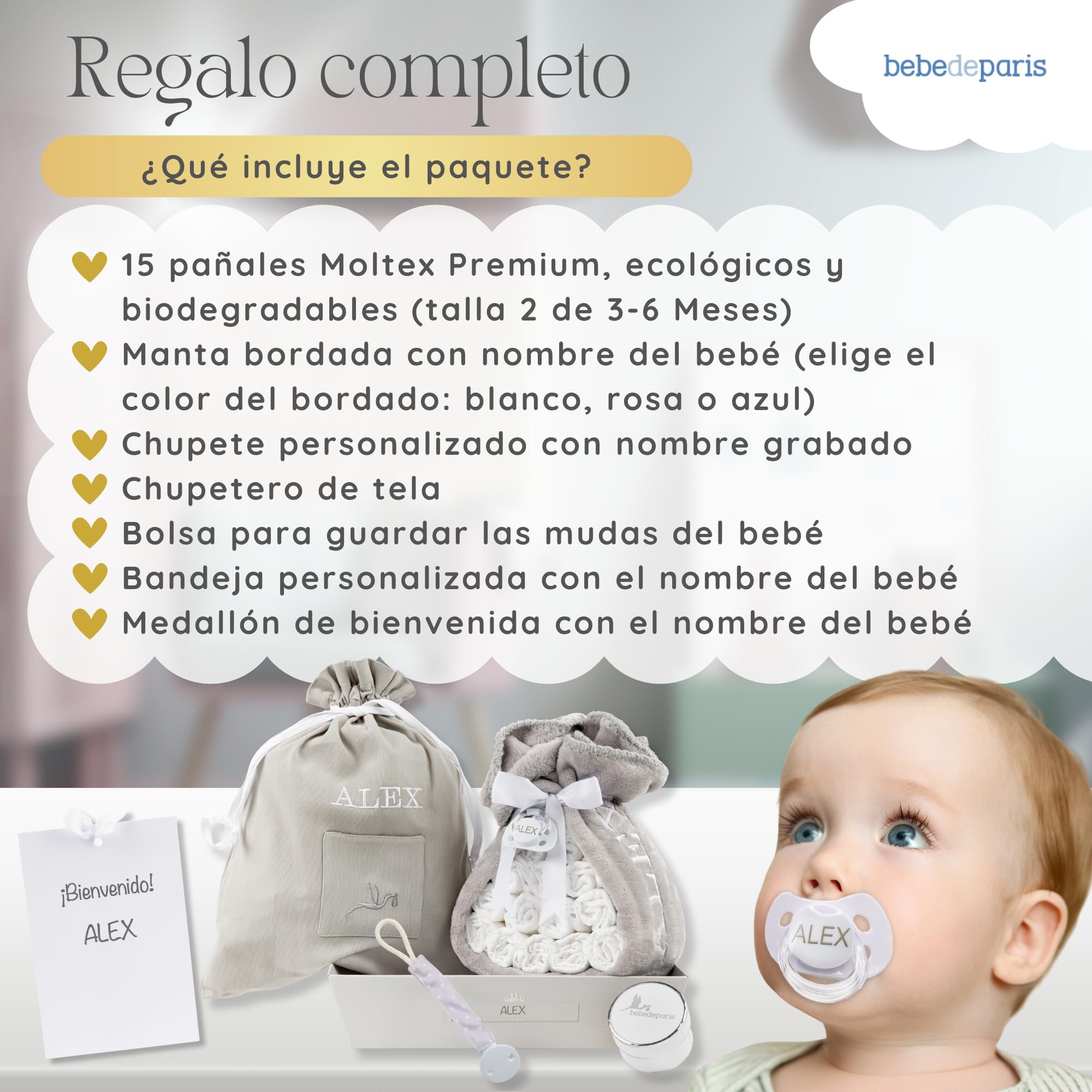 Tarta de Pañales para Recién Nacida con Manta Bordada + 15 Pañales Talla 2 + Chupete Personalizado Neutro | BebeDeParis