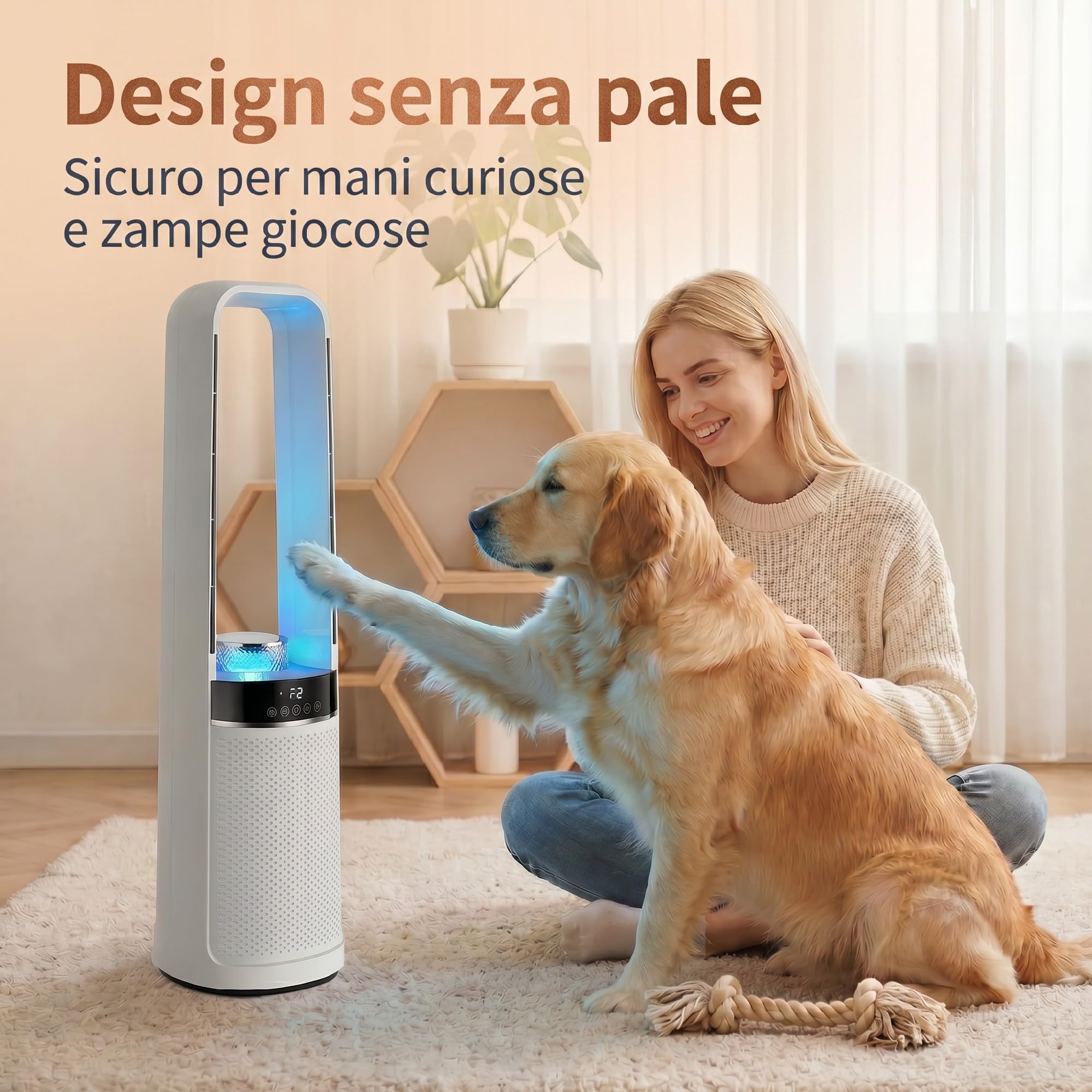 HOMCOM Ventilatore a Torre Senza Pale per Camera da Letto, 3 Velocità, Silenzioso 36dB, con Oscillazione a 45°, Luci LED, Timer 12H, Telecomando, 94 cm, Bianco