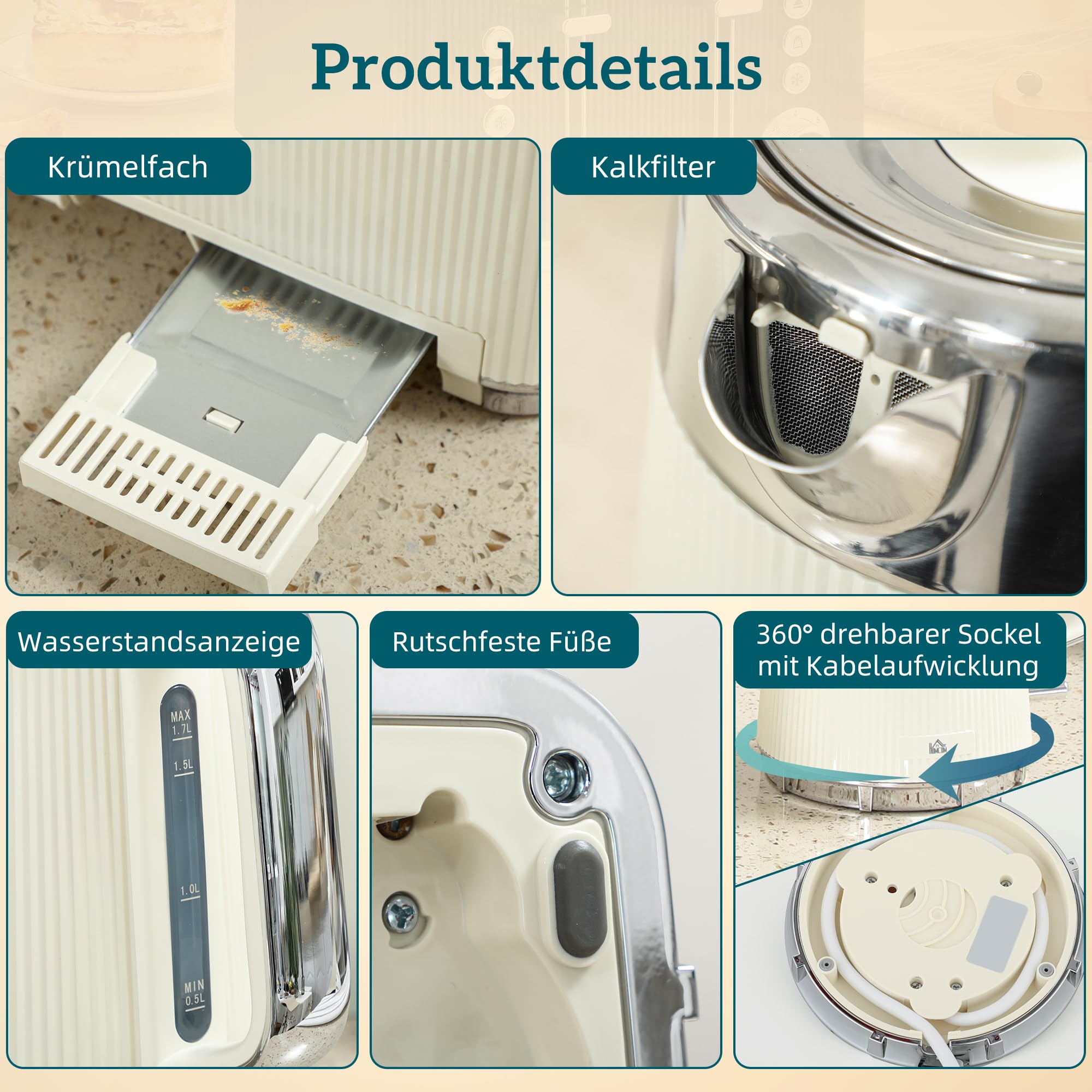 Ensemble bouilloire et grille-pain HOMCOM Bouilloire rapide 1,7 L 2200 W avec intérieur en acier inoxydable, filtre anti-calcaire, boîtier refroidissant, thermostat Grille-pain 4 tranches avec 7