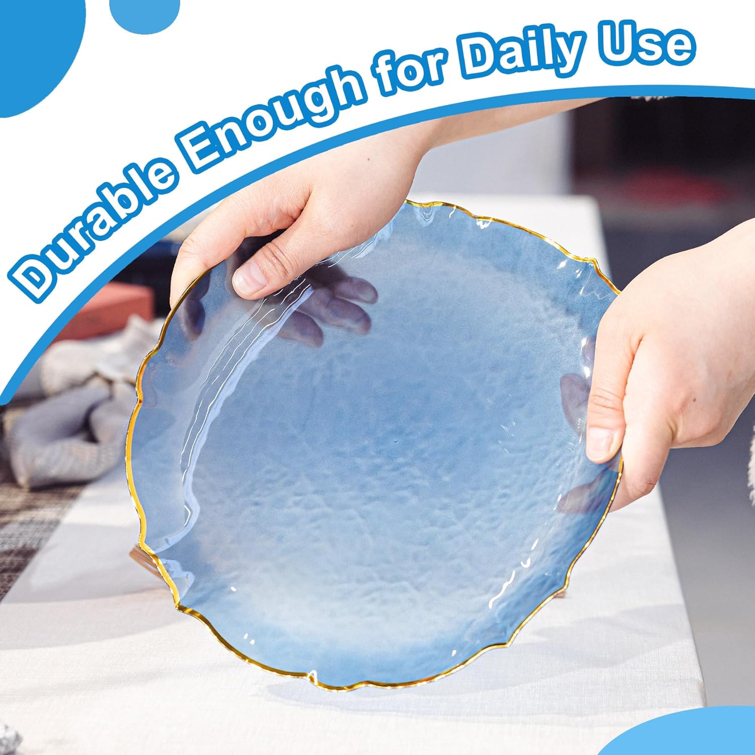 Lullaby 50pcs Translucent Blue Plastic Plates with Gold Rim, Fancy Lace-Edged Disposable Plates include 25pcs Dinner Plate 10”, 25pcs Dessert Plate 7”, Perfect for Party, Wedding, Holiday - Image 3