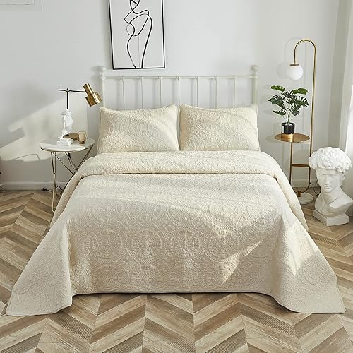 Miniatura 6 de Brandream Juego de edredón de algodón de tamaño Queen, color beige, acolchado, elegante, juego de colcha de 3 piezas