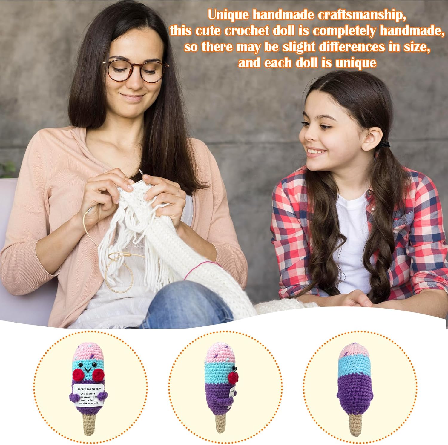 Mini Ice Cream Emotional Support Crochet Doll Fun Gift for Best Friends, Positive Ice Cream Crochet Inspiring Mental Health Gift for Family and Friends - Image 6