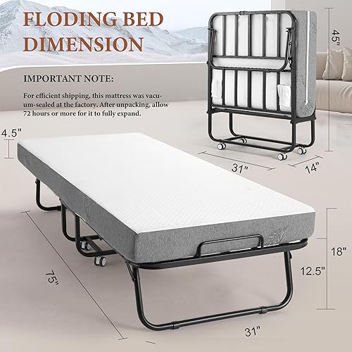 Miniatura 3 de Cama plegable con colchón de espuma, cama plegable individual para invitados, camas portátiles que ahorran espacio con ruedas bloqueables, marco de