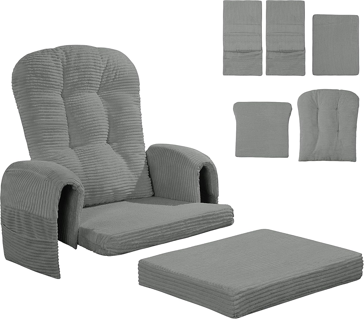 MABOZOO 5 PCS Corduroy Glider Rocker Replacement Cushions with Storage Side Pocket,Foam & Microfiber Filling, Non-Slip & Washable,Thickened & Supportive Rocking Chair Cushion Set(Gray) Darkgrey