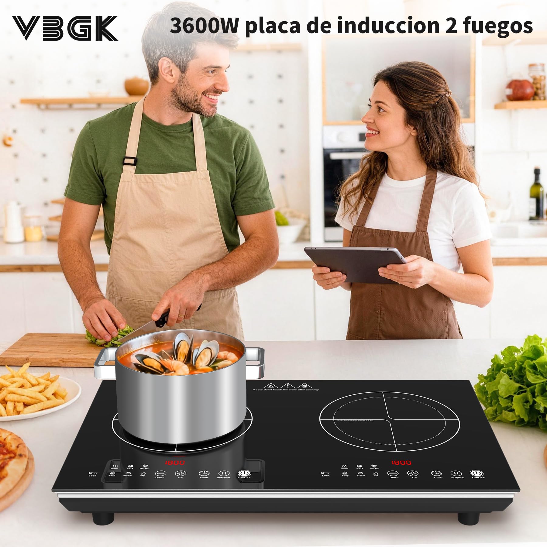 VBGK induccion 2 fuegos，220V 3600W vitro portatil 2 fuegos Con panel de acabado cepillado y control táctil LED, placa de inducción con 9 niveles de potencia, bloqueo de seguridad infantil