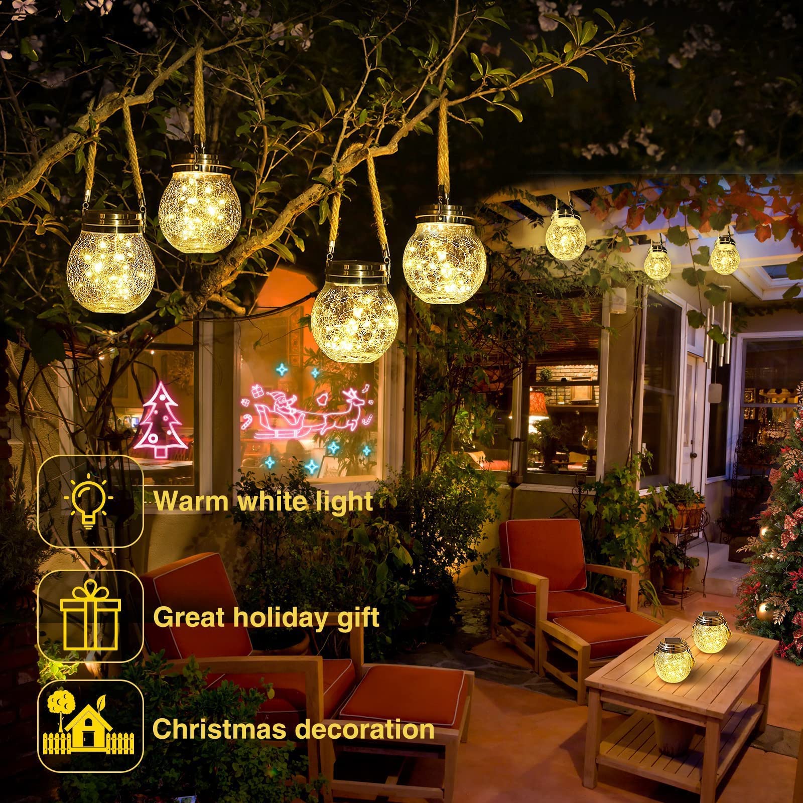 ROSHWEY Lot de 4 Lampes Extérieures Solaires Étanches avec 30 LED - Décoration de Noël - Pour jardin, porche, balcon - Blanc chaud