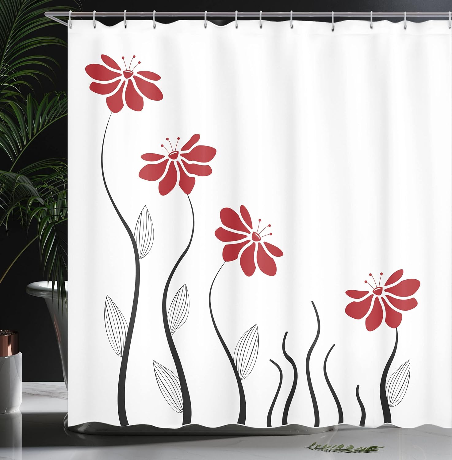 Ambesonne Flower Shower Curtain, Floral Petals with Striped Leaves and Lines Modern Style Geometrical Design Print, Cloth Fabric Bathroom Decor Set with Hooks, 69" W x 84" L, Red Black