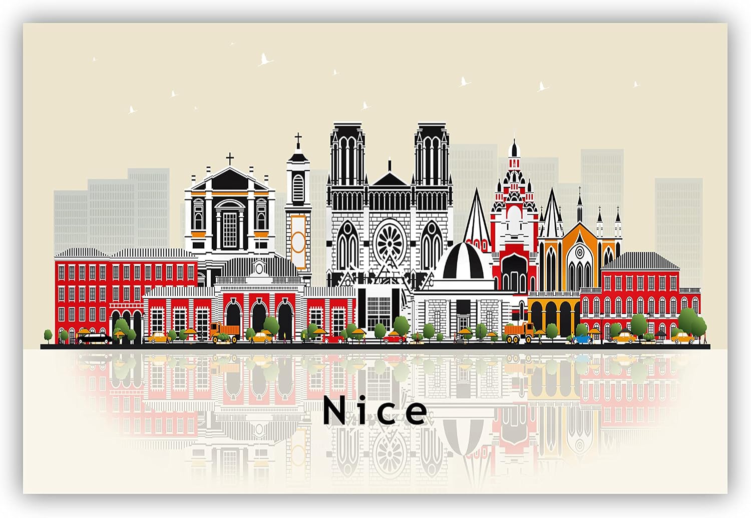 Pera Print NICE Poster, Nice France Illustration Skyline City Poster, Modern Skyline France Poster, Cityscape and Landmark Print, Home-Office Wall Art Decoration - 12x18 Inches