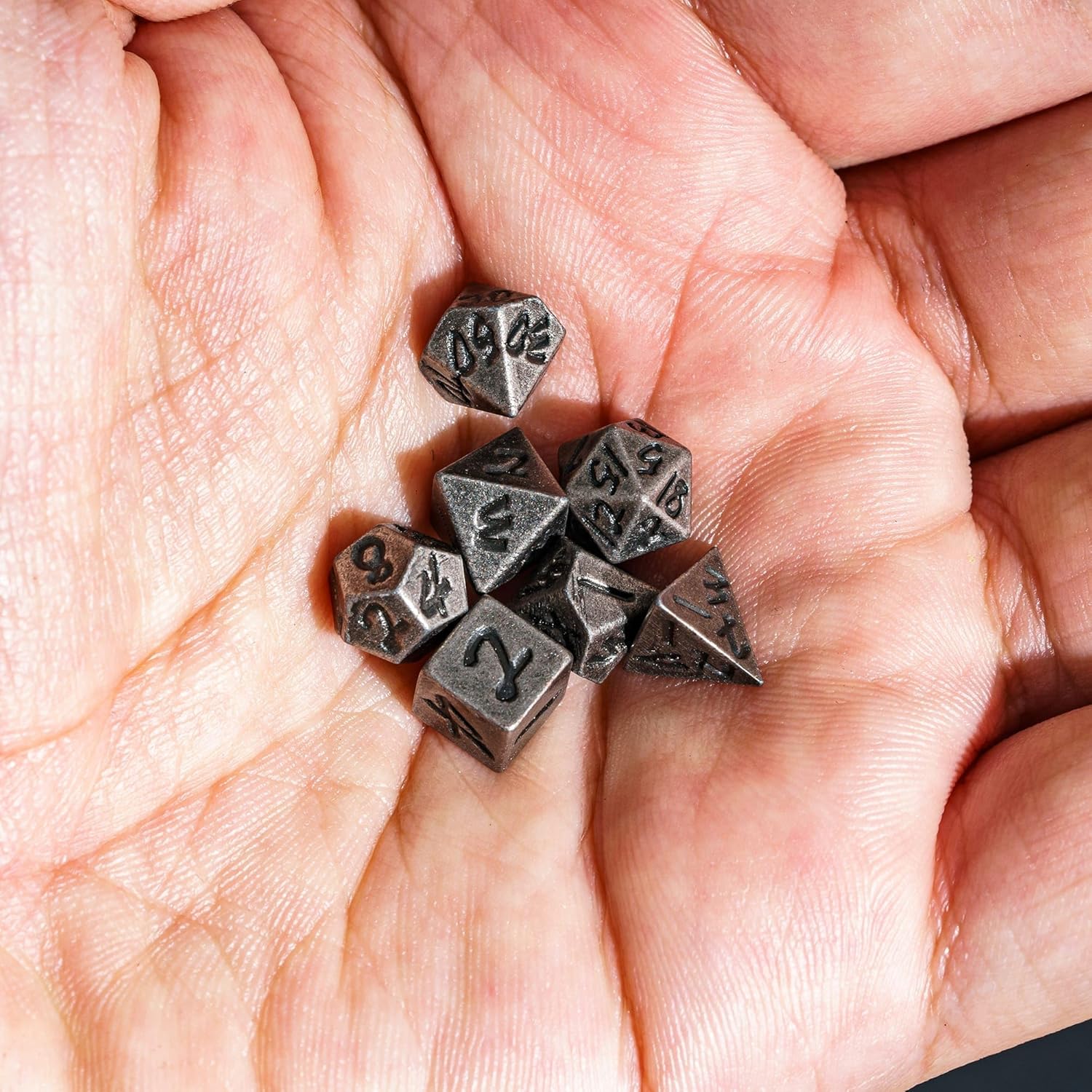 Mini DND Dice Set with Rune Keychain Case,7PCS D&D Polyhedral Metal Dice Set for Dungeons and Dragons TTRPG Games Roleplaying Games Shadowrun Pathfinder(Silver)