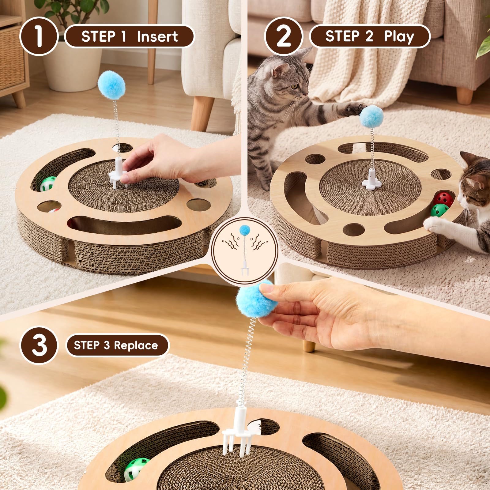 Pinkunn Lot de 3 tapis à gratter pour chat avec 2 boules cloches et 3 baguettes à ressort pour chat, pour l'intérieur, jouet anti-stress, exercice, protection des meubles