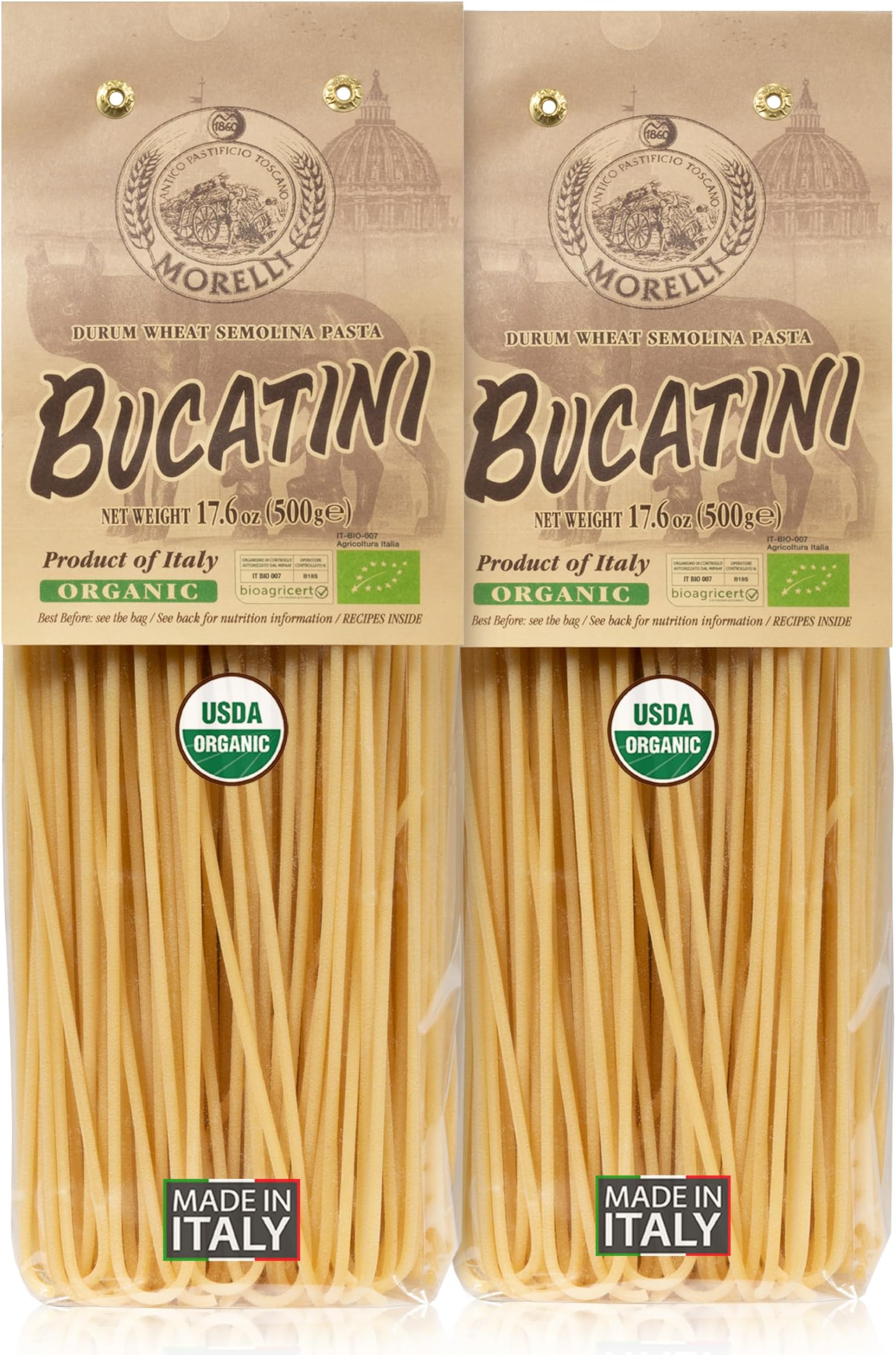 Morelli Bucatini Pasta Noodles - Premium Organic Italian Pasta from Italy - Handcrafted, Family Owned Gourmet Brand - Made With Durum Wheat Semolina 17.6 oz (500 g) - Pack of 2