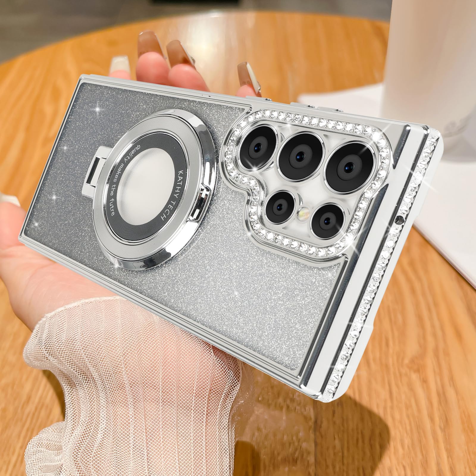 Losin Compatible with Galaxy S24 Ultra Glitter Magnetic Case with Invisible Stand [Compatible with MagSafe] Luxury Bling Rhinestone Full Camera Lens