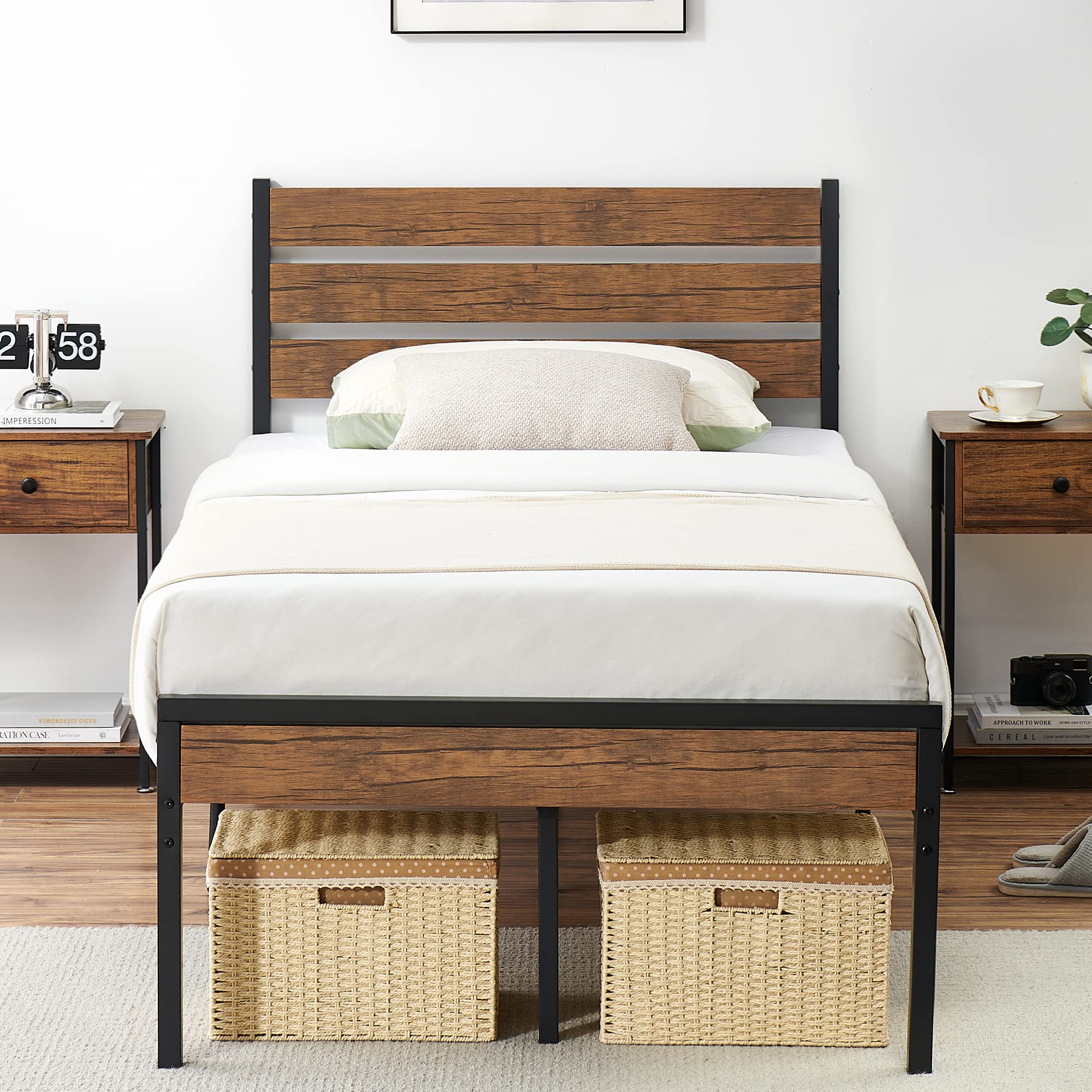 Amyove Twin Size Bed Frame with Rustic Vintage Wood Headboard, Metal
