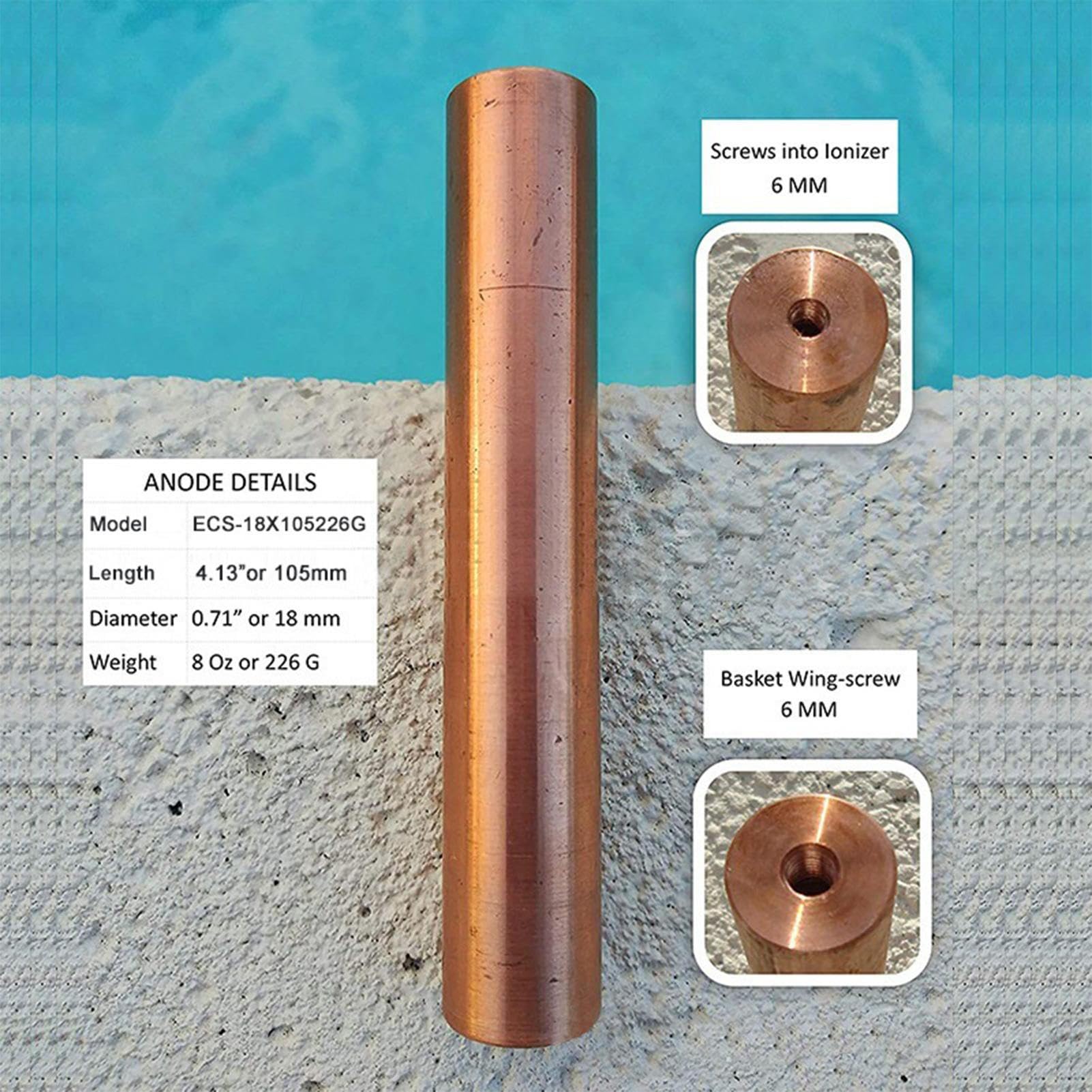 Kit de repuesto de ánodo de cobre, ánodo de cobre purificador de piscina, incluye pantalla de cesta y tornillo de ala, reduce el cloro y la irritación para agua dulce y salada