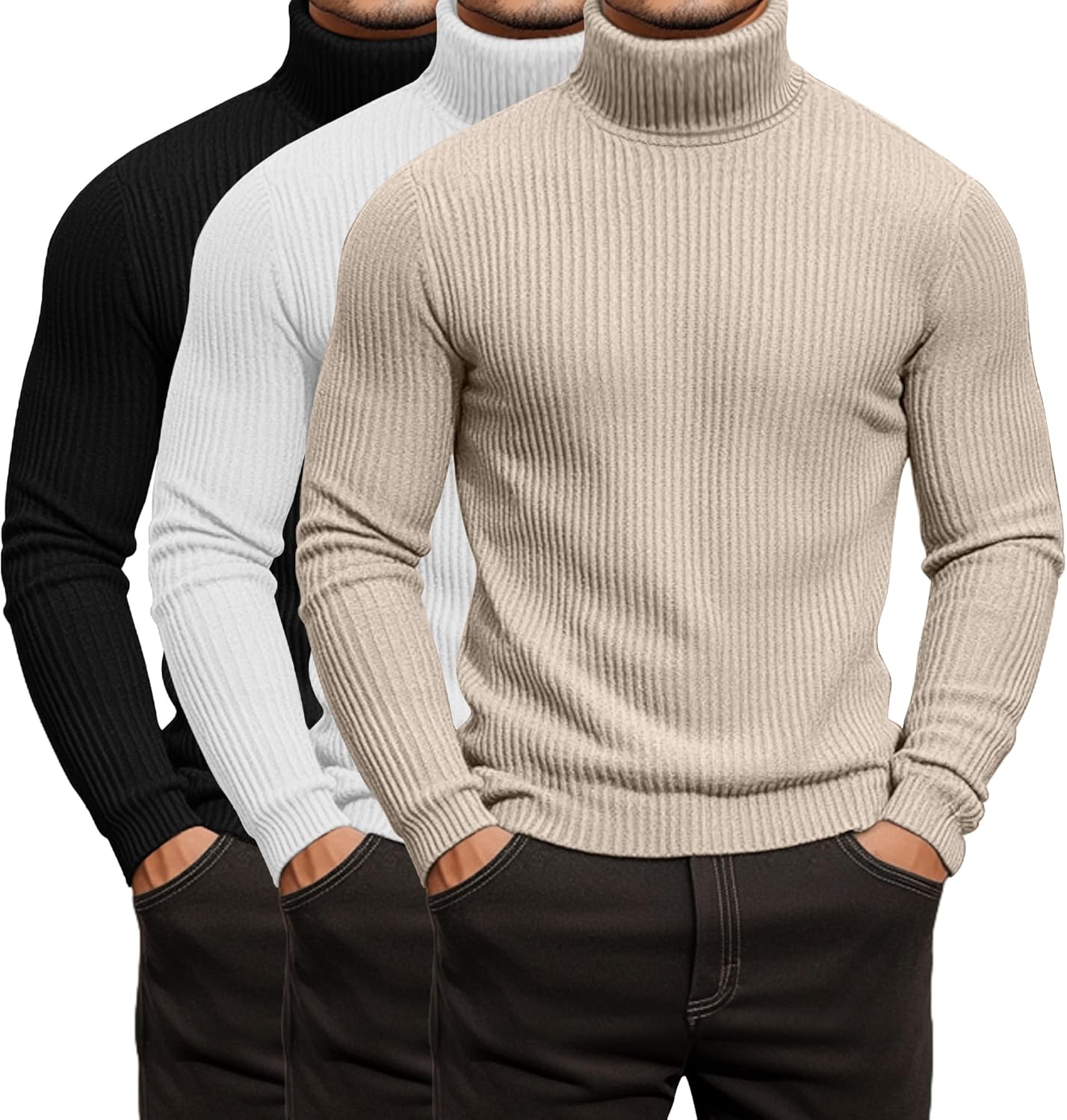 3 Pack Men's Ribbed Turtleneck Shirts, Long Sleeve Mock Neck Lightweight Pullover S...