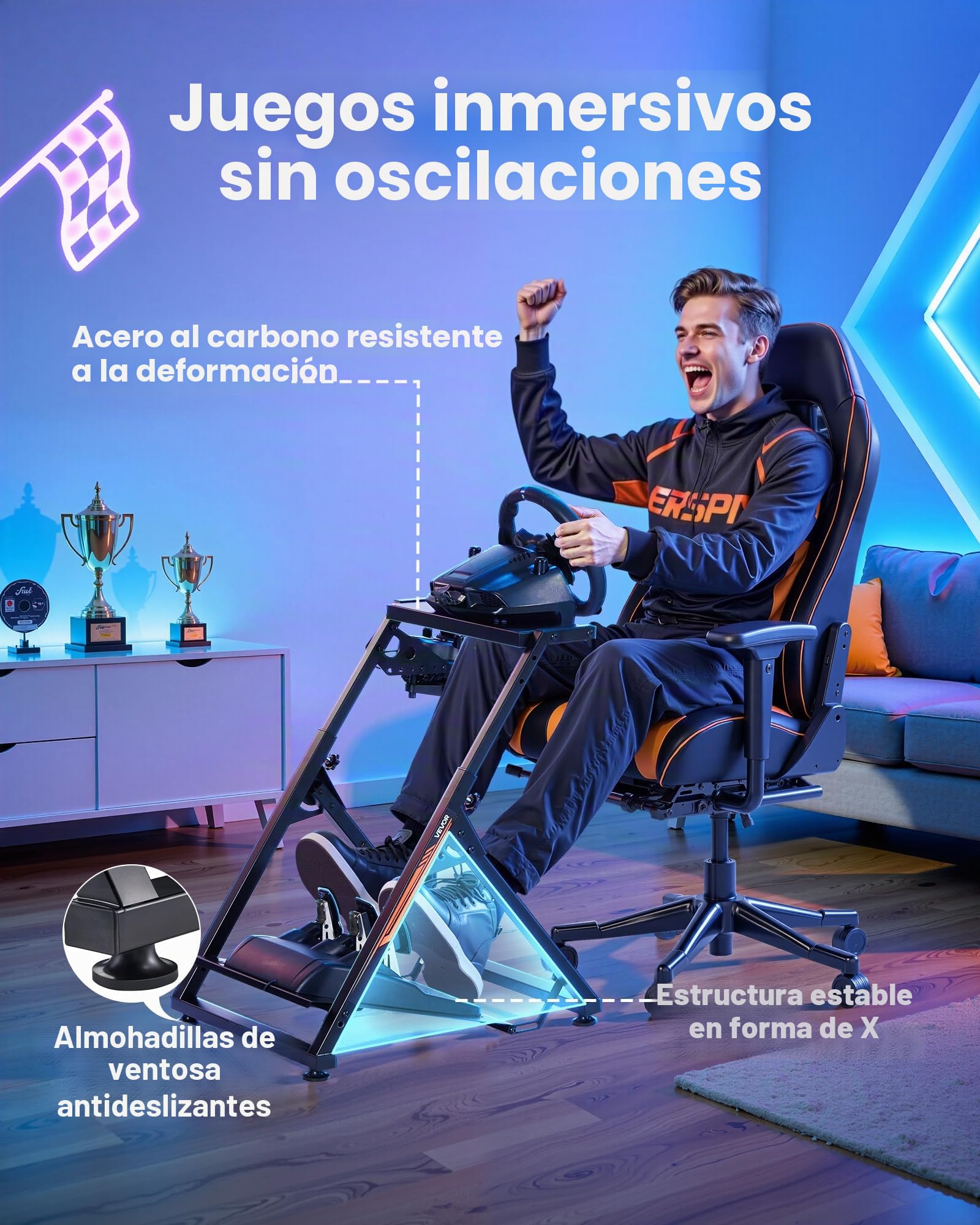 VEVOR Soporte para Volante de Carreras, Ajustable y Plegable, para Logitech G923, G920, G29, G27, Thrustmaster T300RS TX, F458, T500RS, T3PA-PRO (F1/GT), Cabina de Juego, Pedales No Incluidos