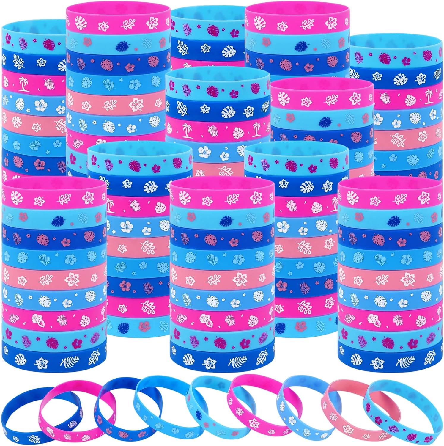 Moon Boat 74 Pcs Hawaiian Bracelets Birthday Party Favors Decorations Cartoon Palm Leaves Hibiscus Flowers Silicone Gifts for Tropical Luau Supplies
