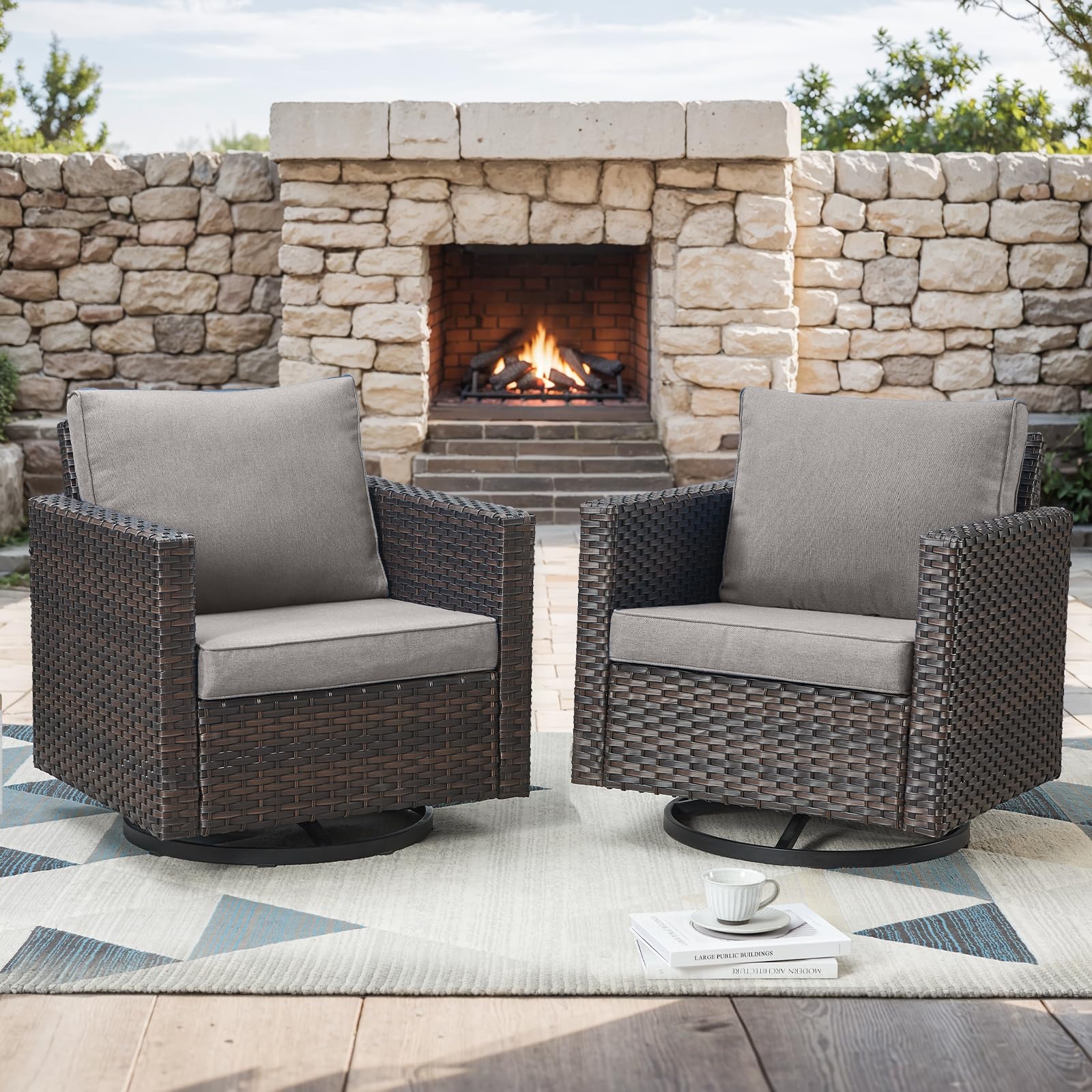 Rilyson Outdoor Patio Swivel Rocker Chairs - Wicker Patio Swivel Rocking Chairs Set of 2 with Waterproof Wicker,Comfortable Cushions and Sturdy Metal