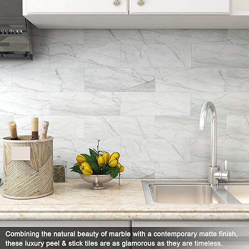 Miniatura 4 de VAOVI Azulejos de cocina para salpicaduras de despegar y pegar, calcomanías de pared de baño, azulejos de mármol para salpicaduras individuales,