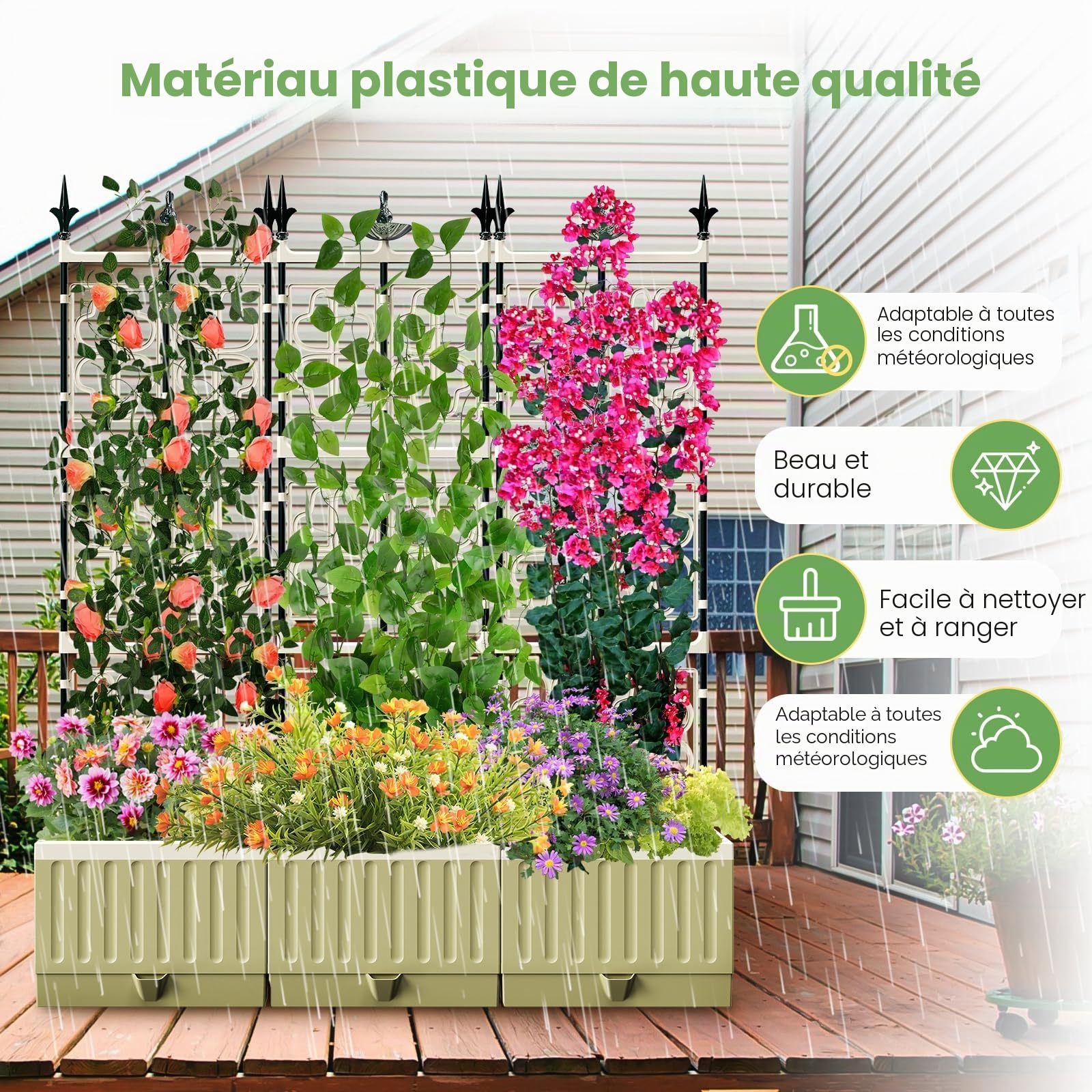 Jardinière surélevée avec treillis en métal, 142 cm, auto-arrosage, jardinière surélevée pour plantes grimpantes, fruits, légumes, fleurs