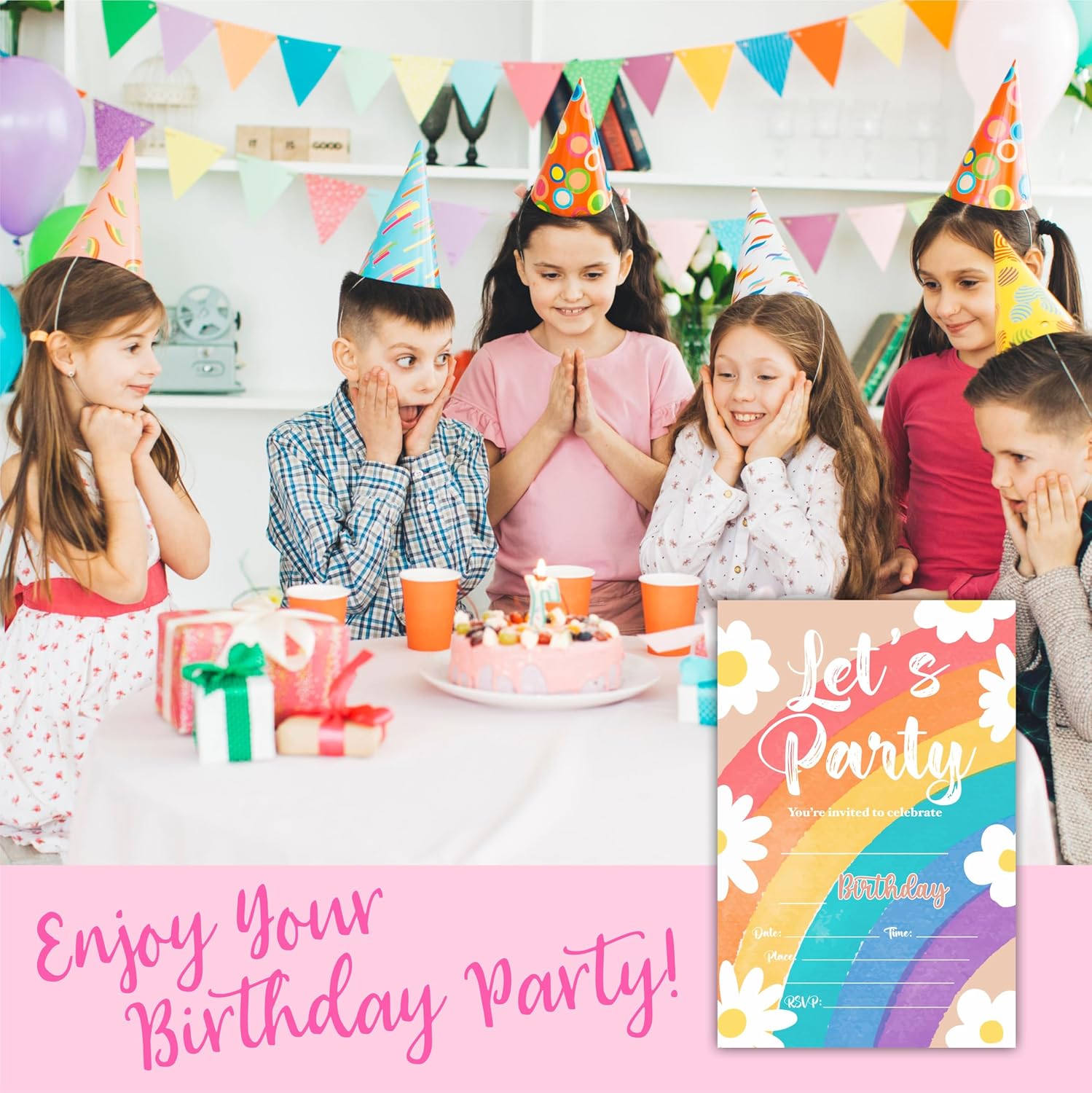 Rainbow Daisy Birthday Invitations, Party Invites For Kids, Teens,Adults, Birthday Celebration, Party Supplies & Decorations (20 Cards & Envelopes) - A08