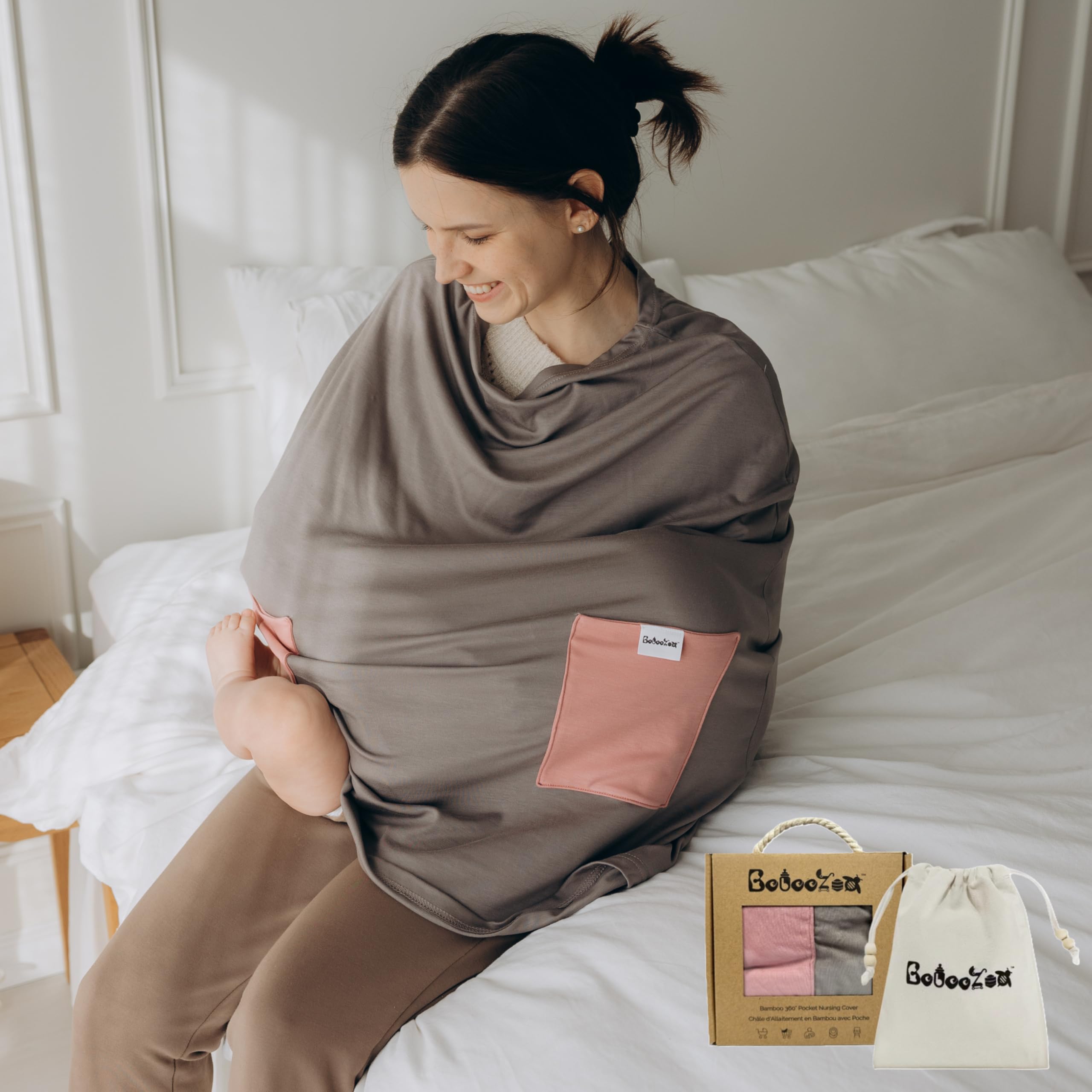 Bebeezoo Premium Bamboo Nursing Cover for Breastfeeding 6-in-1 with 2 Pockets, 360 Privacy, Feeding Cover, Soft Breathable Nursing Shawl, Scarf,
