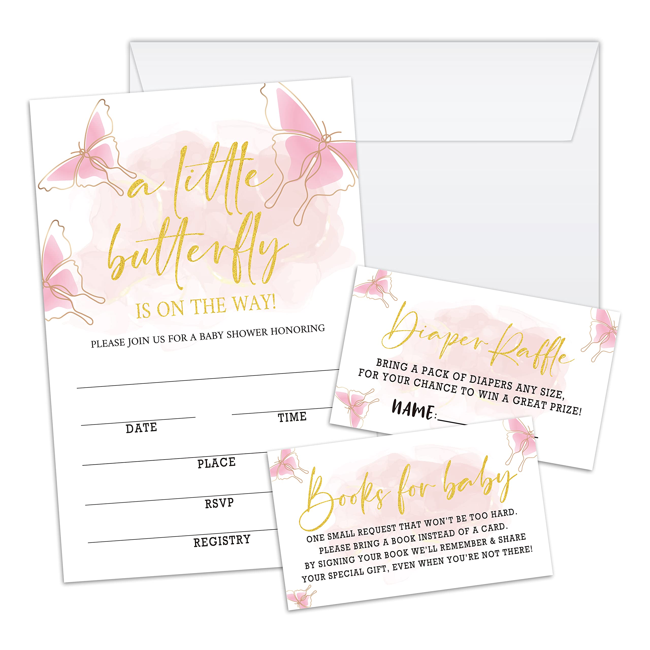 Pink Butterflies Baby Shower Invitation Cards With Envelopes, Diaper Raffle Tickets, Baby for Book 100 piece set, Gender Reveal Party for Baby Boys &