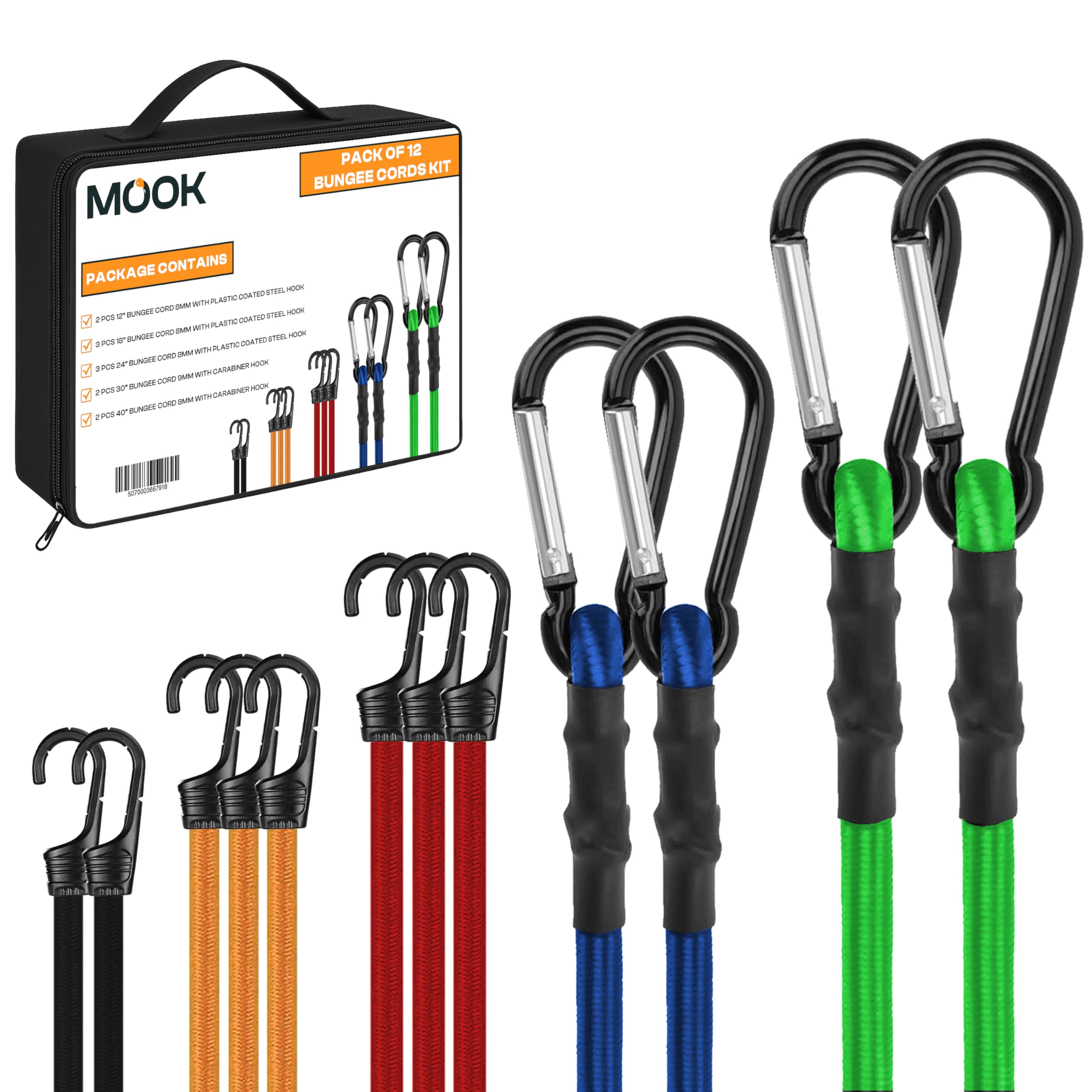 Mook Multi-Color Heavy Duty Bungee Cords With Hooks, 12-Pcs Bungee Cord Set - Multi-Length Uv Resistant Double Braided Bungees For Traveling, Camping, & Storage – Versatile Use – Durable & Weather-Resistant