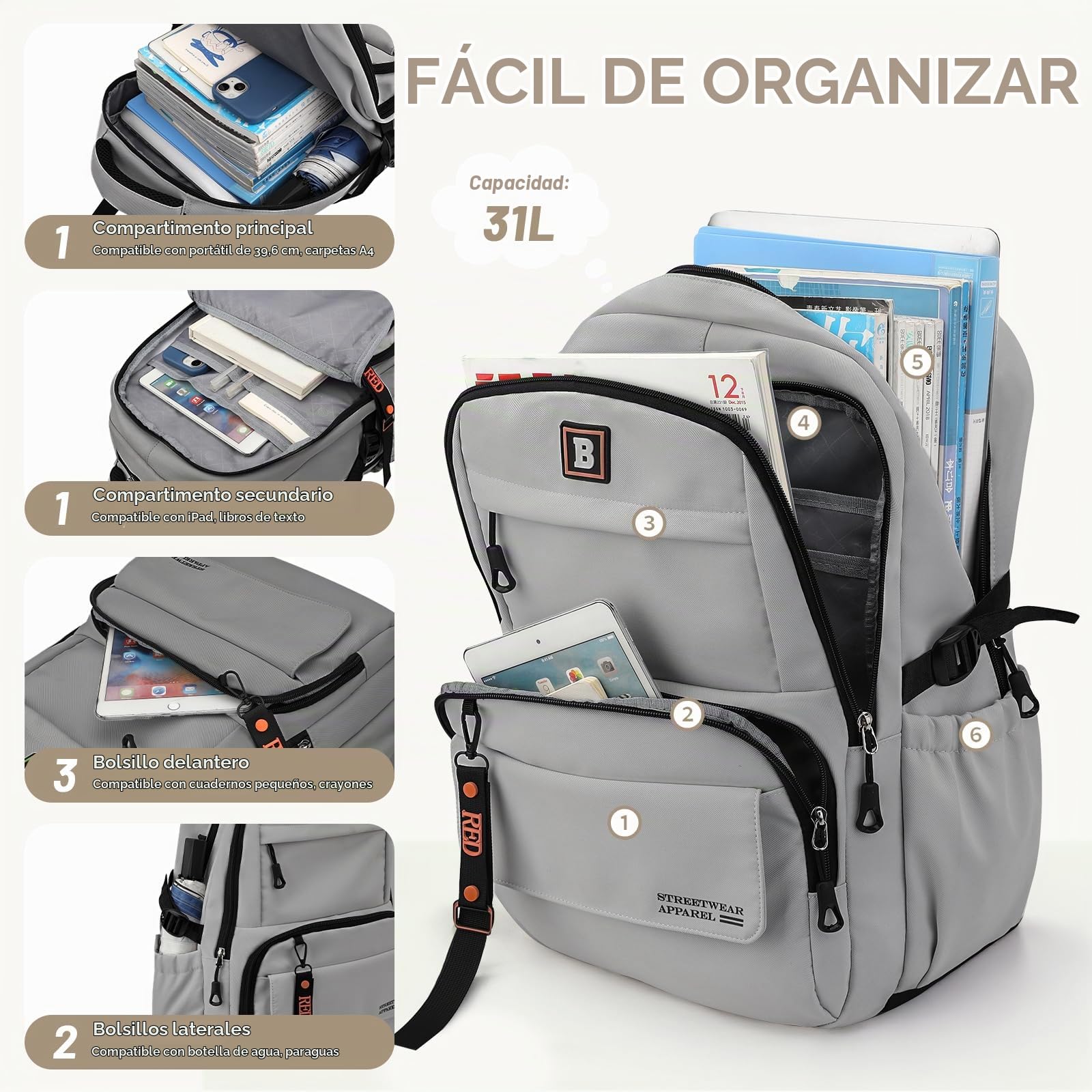 Amythe Mochilas con Ruedas para Niños, Mochila Escolar Adolescentes, Bolso Colegio de Moda para la Universidad, 31L Mochila Casual con Carrito, Ligera y Resistente al Agua, Gris