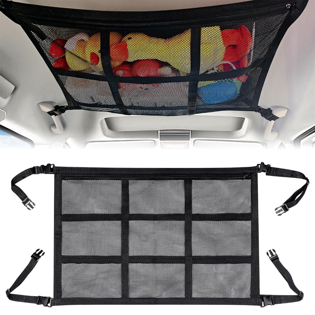 WENINETIES 1 Pack Car Ceiling Storage Net for Toyota Corolla Touring Sport | Typ E210 | Bj. AB 2019, Overhead Roof Cargo Mesh Bag SUV Interior Organizer Pouch Adjustable Long Travel
