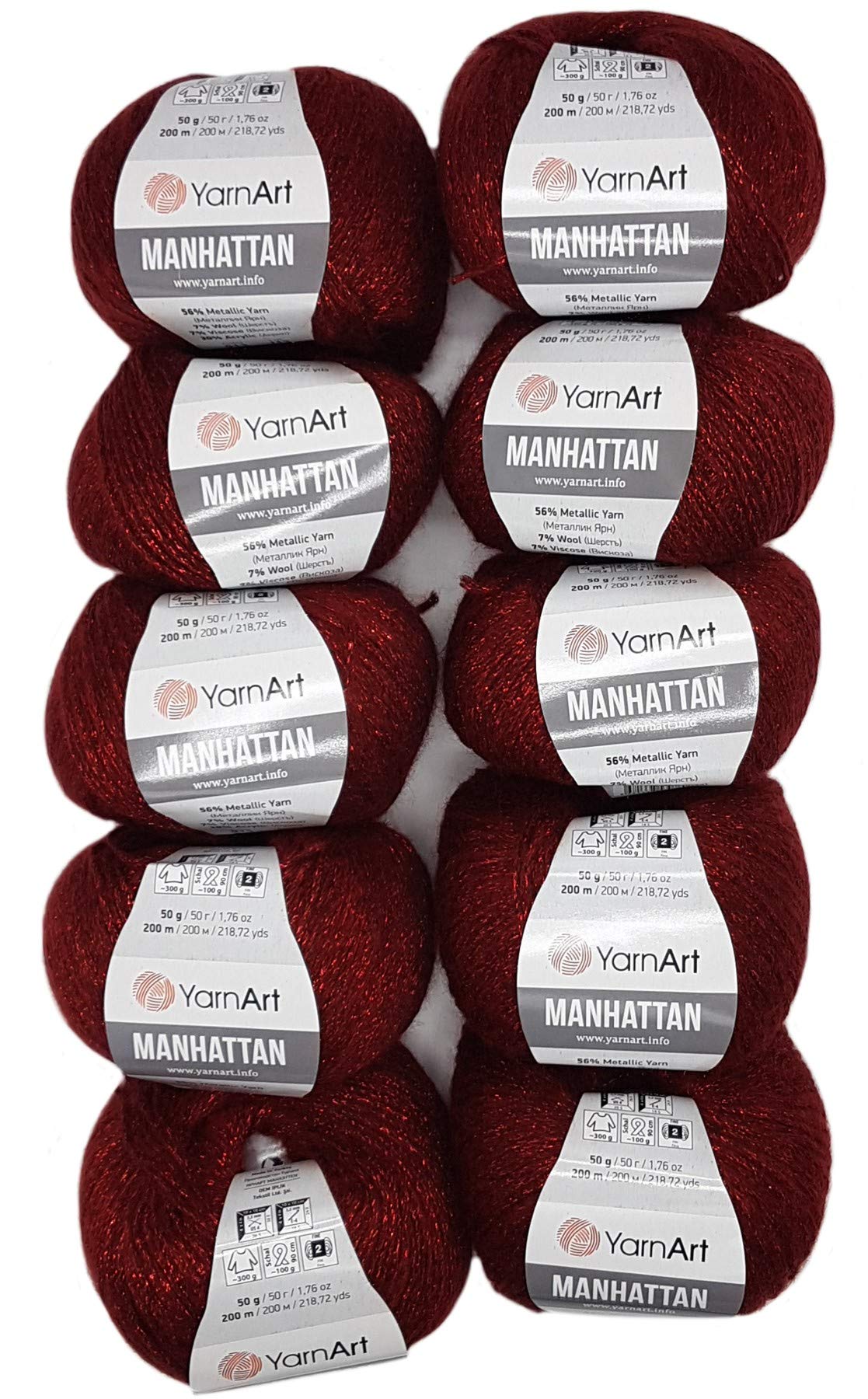 10 x 50 g YarnArt Manhattan Viscose Yarn with Glitter 500 g Metallic Wool Effect Wool (Bordeaux 913)