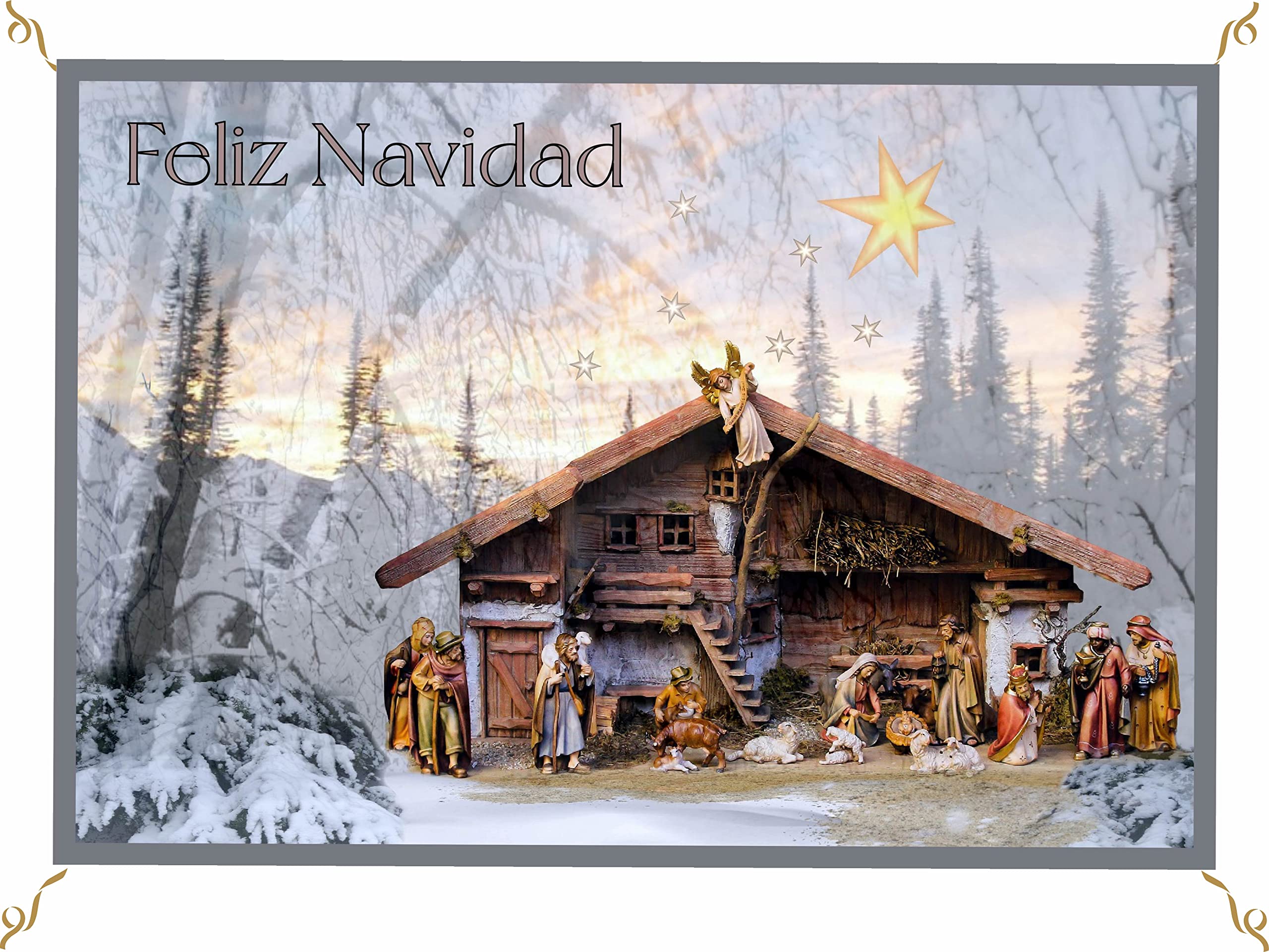 Porras E&B Balconera Navidad Colgaduras niño Jesús Dios ha Nacido Rayos Magos Belén Portal de Belén Nieve (70 X 100 cm) Tela Blanca